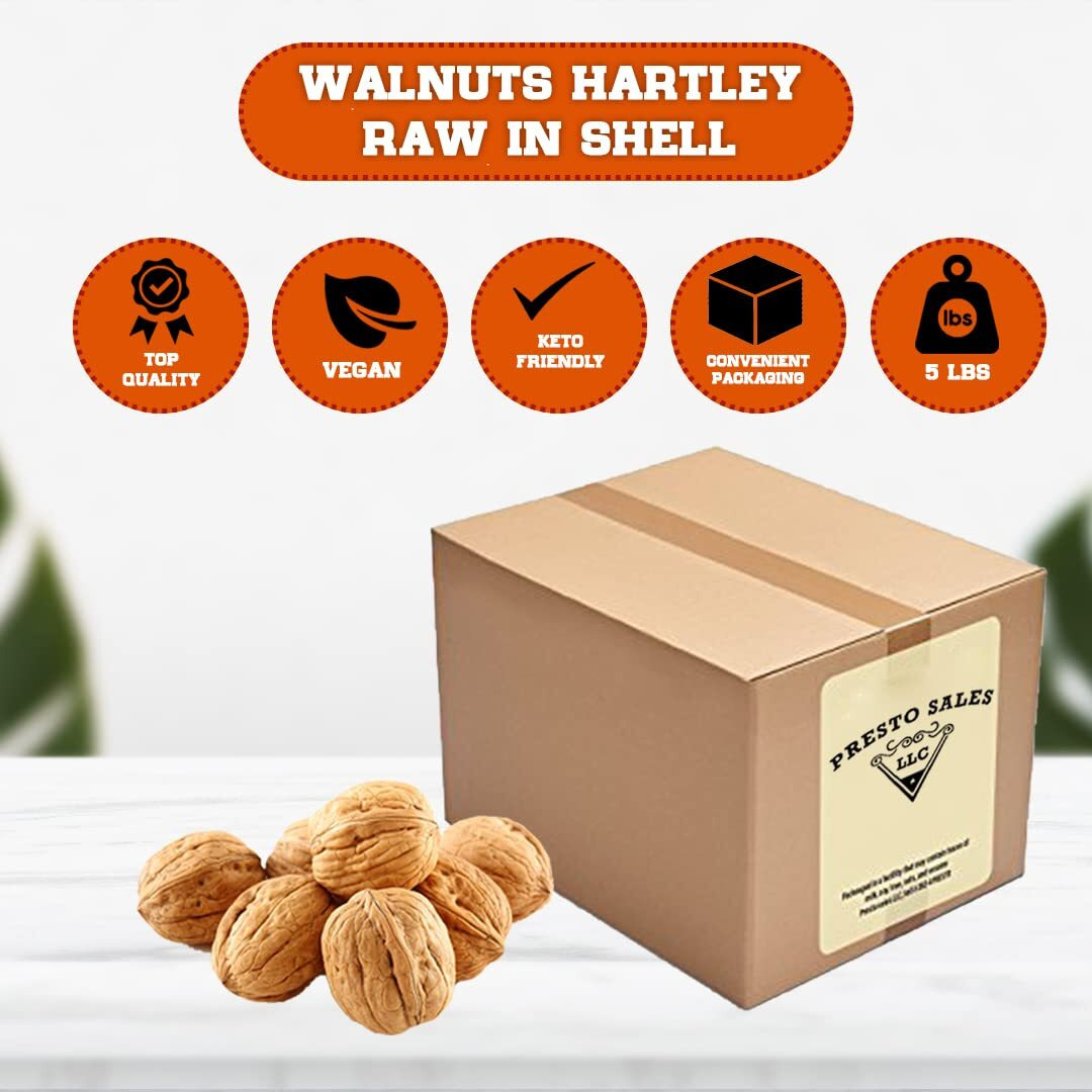 Presto Sales Walnuts Current New Crop In Shell Huge Hartley Choice Nut, Grown In California, Number One Quality - Packed In A 5 Lbs. (80 Oz.) Bag/Box - Low-Carb, High-Protein