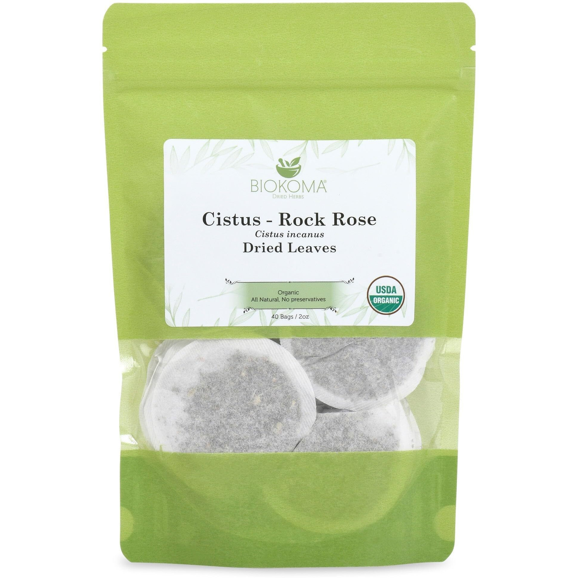Pure And Organic Biokoma Cistus - Rock Rose (Cistus Incanus) Dried Leaves Tea 40 Bags 2Oz In Resealable Moisture Proof Pouch
