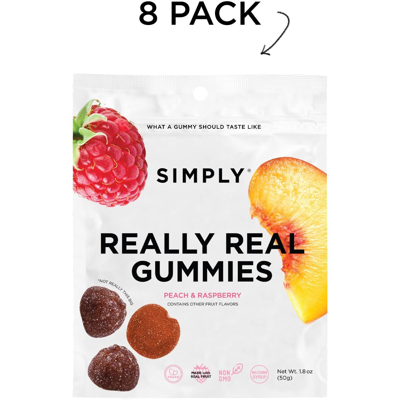 Simply Really Real Gummies | Made With Real Fruit | Peach And Raspberry | 1.8 Oz (Pack Of 8) | No Cane Sugar + Gluten Free + Kosher