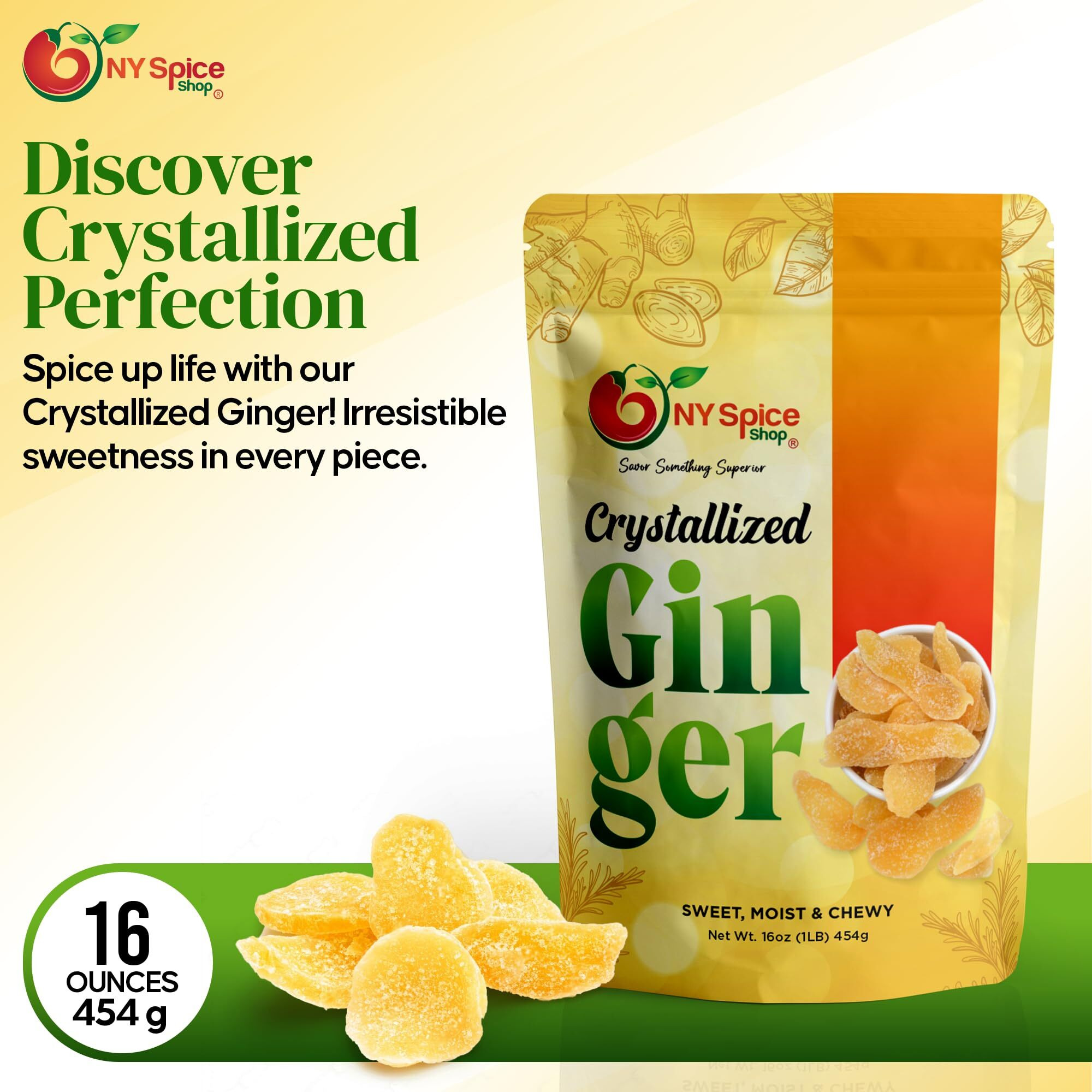 Ny Spice Shop Candied Ginger Slices - (16 Oz.) 1 Pound Crystallized Ginger Slices - Ginger Hard Candy - Candied Ginger Pieces - Crystallized Ginger Chunks