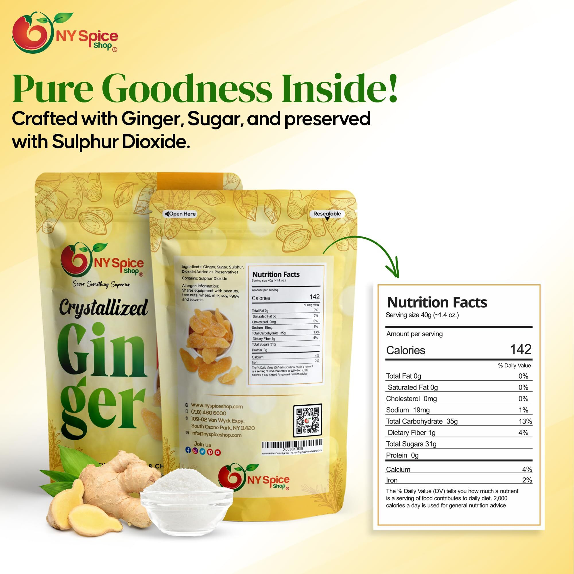Ny Spice Shop Candied Ginger Slices - (16 Oz.) 1 Pound Crystallized Ginger Slices - Ginger Hard Candy - Candied Ginger Pieces - Crystallized Ginger Chunks