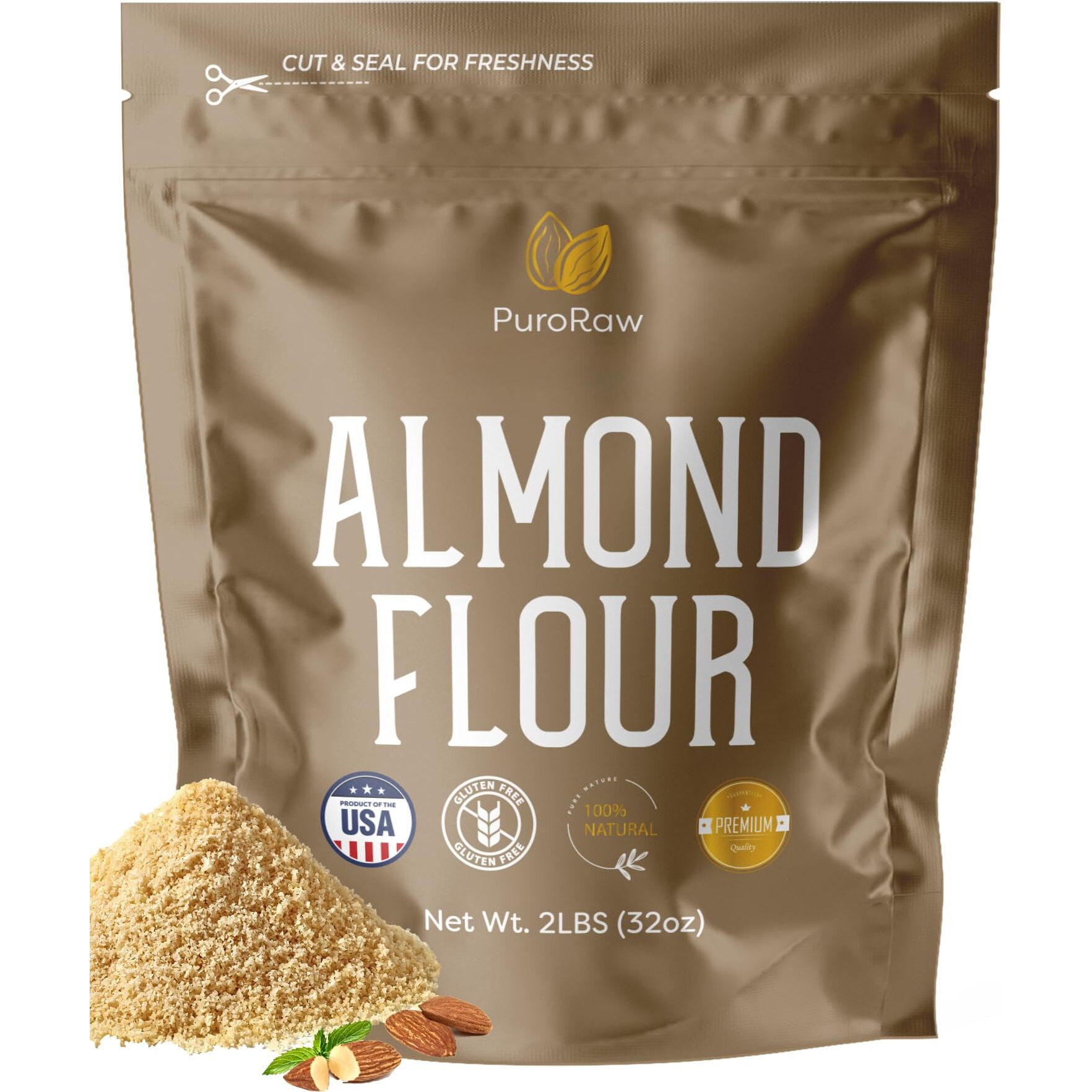 Almond Flour, 2Lb, Blanched Almond Flour For Baking, Fine Almond Flour Keto, Almond Powder, Keto Flour, Almond Meal, Gluten Free Flour, Non-Gmo, Batch Tested, 2 Pounds, By Puroraw.