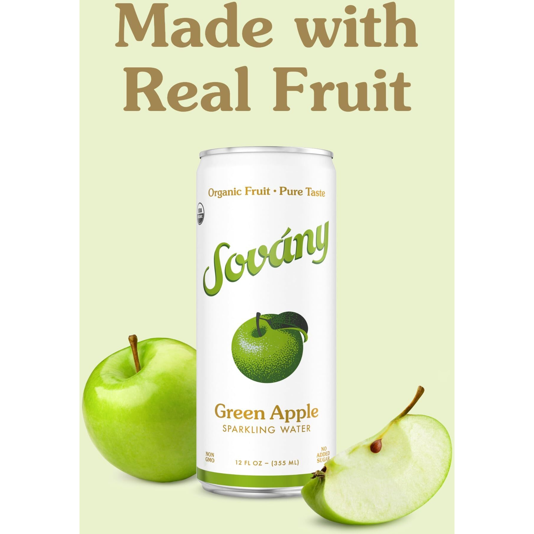 Sov  Ny Sparkling Water, Green Apple, Seltzer Water Drinks, Usda Organic, Made With Real Fruit, Non-Gmo, Vegan, No Added Sugar, Low Calorie, 12 Fl Oz, 12 Pack