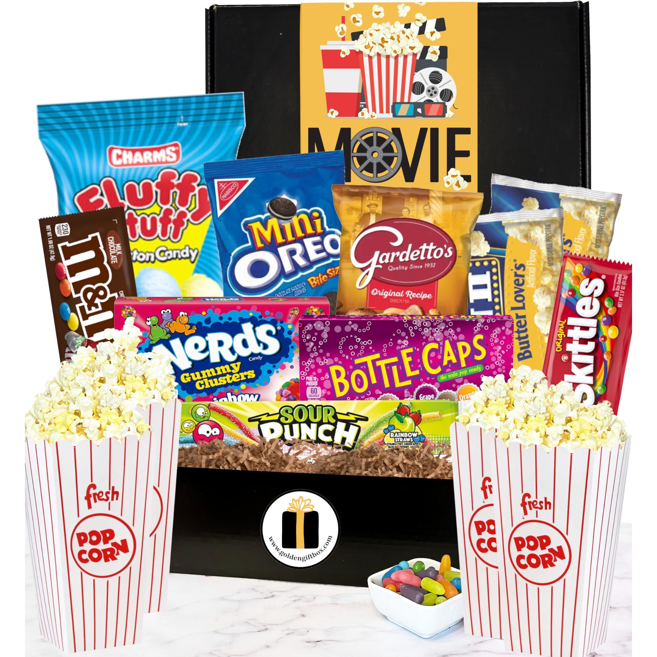 Deluxe Movie Night Gift Includes Popcorn Buckets, Popcorn, Theater Size Snacks - Perfect For College Students, Teens, Men, Kids, Date Night, Birthday (Deluxe)