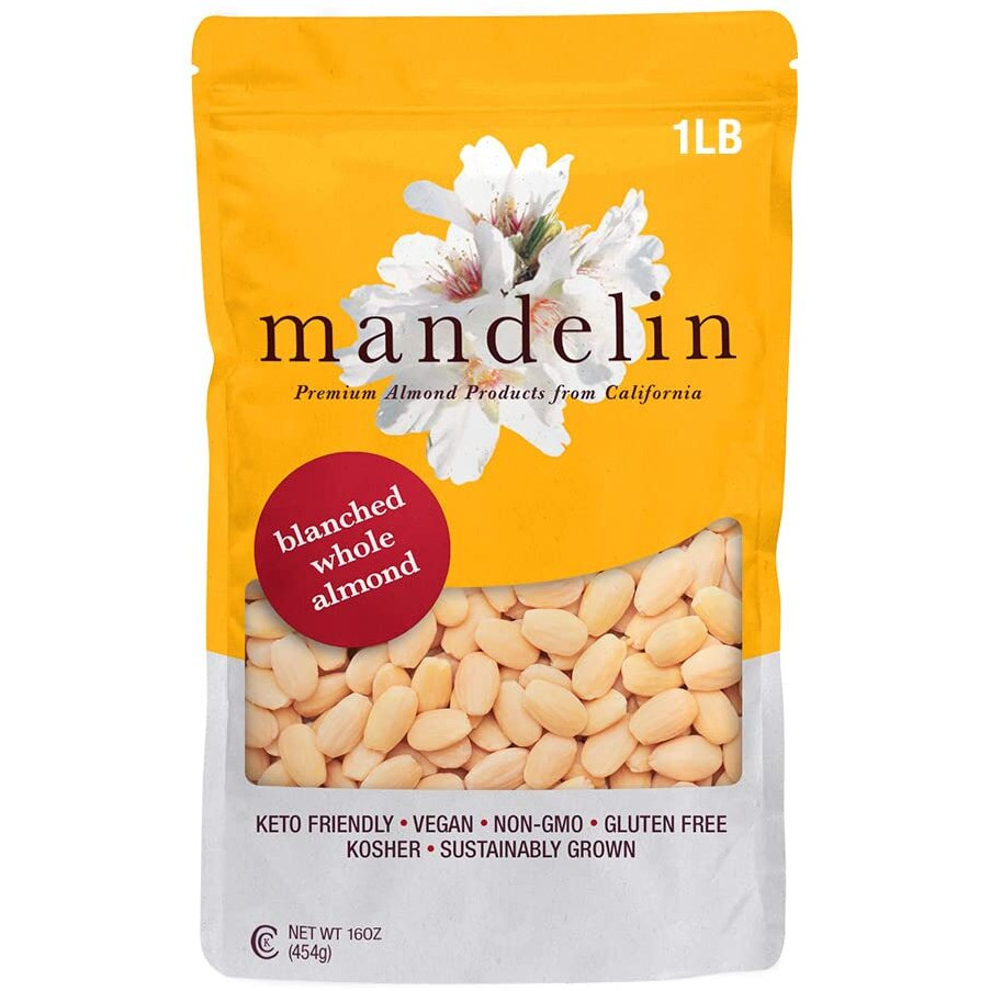 Mandelin Blanched Whole Almonds, 100% Almonds (1 Lb), Non-Gmo, Gluten Free, Vegan, Keto, Plant Based Diet Friendly, Kosher For Passover, Every Batch Tested For Quality