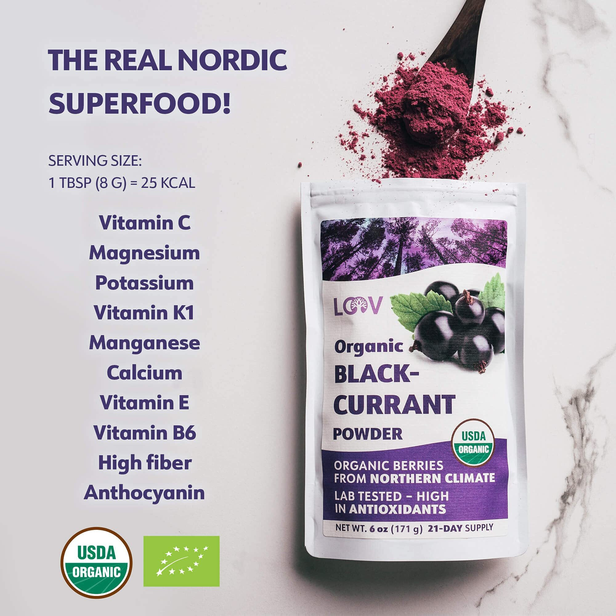 Loov Blackcurrant Powder Organic, Made From 100% Whole Blackcurrants, Freeze Dried And Powdered Organic Blackcurrants, 6 Ounces, 21-Day Supply, Grown In Northern Europe, No Added Sugar