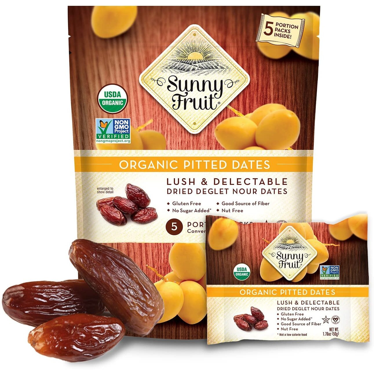 Sunny Fruit Organic Dried Pitted Deglet Nour Dates - 1 Bag (5 Individual Portion Packs) | Healthy, Convenient Superfood Snack Packs | Organic, Non-Gmo, Halal, Kosher, No Preservatives, No Sugar Added