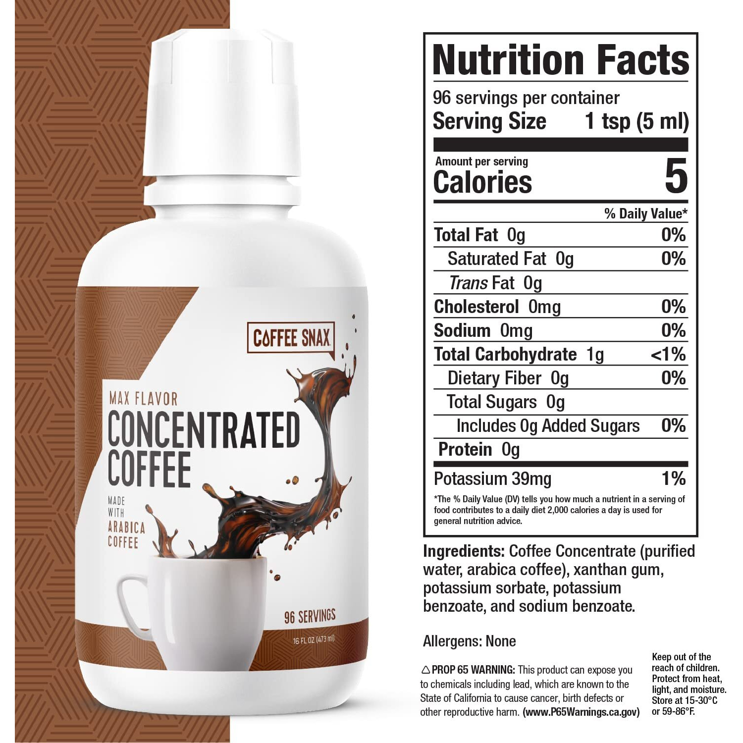Coffee Snax Cold Brew Coffee Concentrate, Unsweetened Black Coffee Concentrate With No Added Sugar (Bulk 96 Servings Bottle)