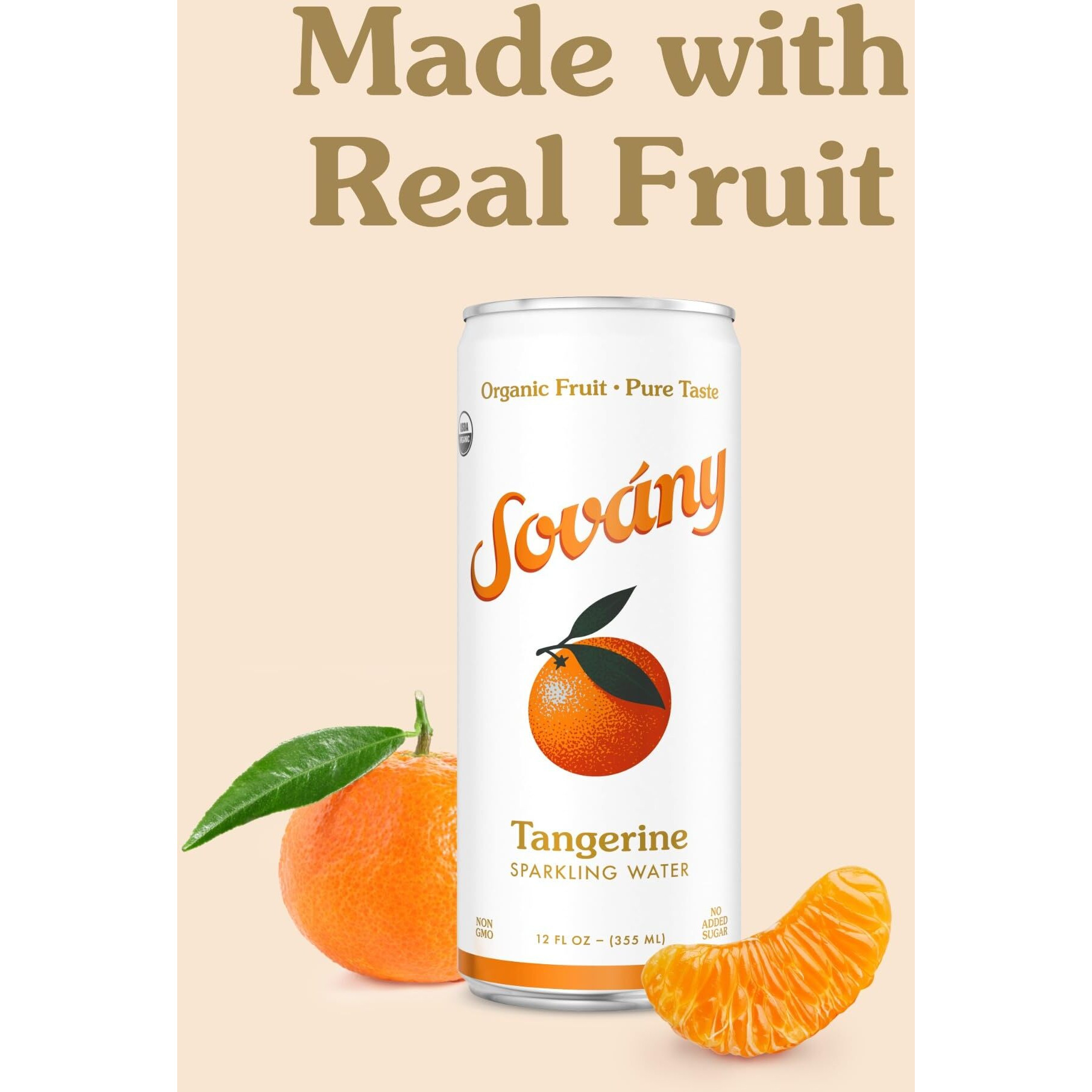 Sov  Ny Sparkling Water, Tangerine, Seltzer Water Drinks, Usda Organic, Made With Real Fruit, Non-Gmo, Vegan, No Added Sugar, Low Calorie, 12 Fl Oz, 12 Pack