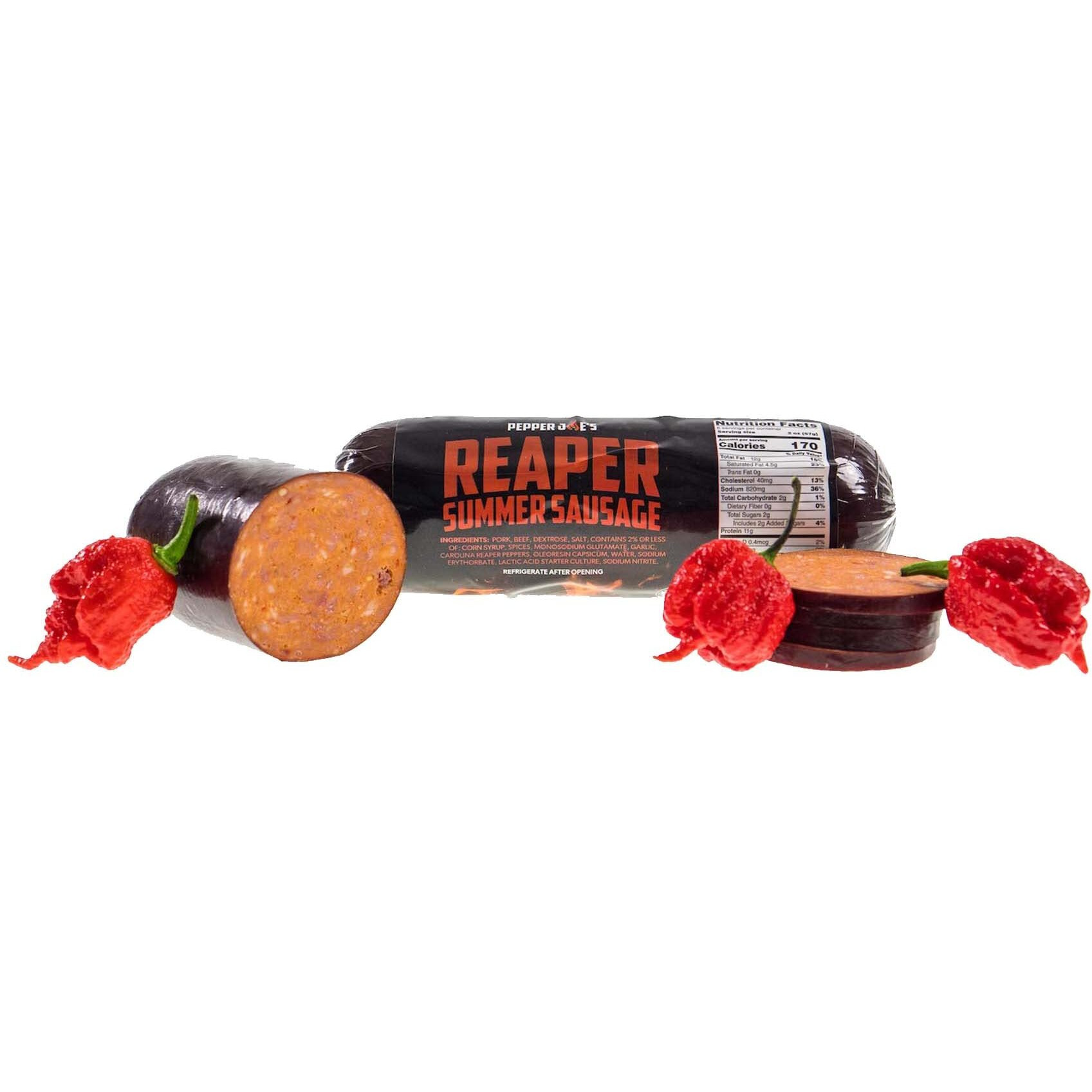 Pepper Joes Carolina Reaper Summer Sausage - Slow Smoked Spicy Summer Sausage With Worlds Hottest Pepper And Premium Midwestern Meat- 12 Ounces