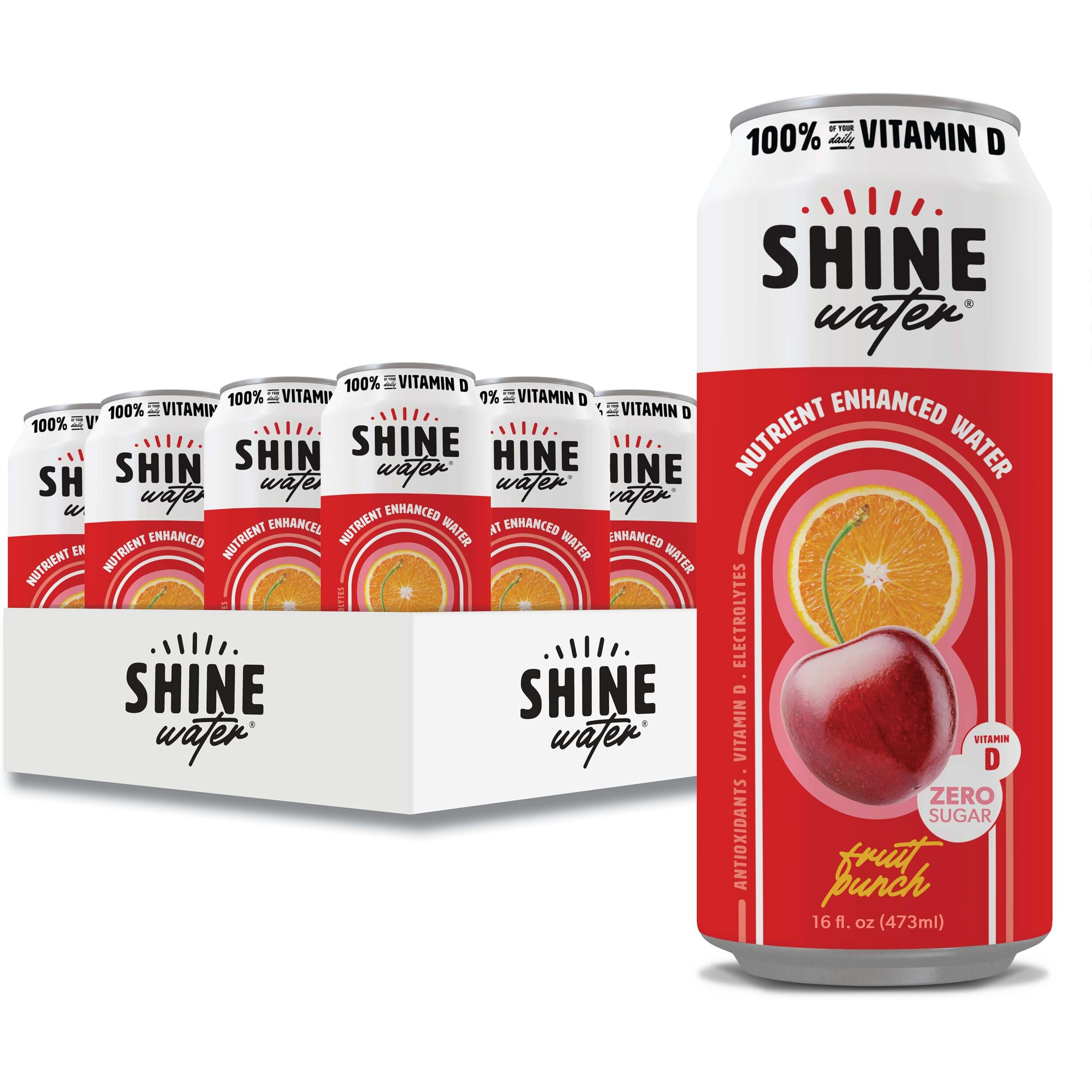 Shinewater Vitamin D Hydration Electrolyte Drink, Fruit Punch 12 Pack, Sugar Free Naturally Flavored Water, Magnesium, Zinc, Vitamin B12, Folic Acid, Plant Based Antioxidants, Low Calorie