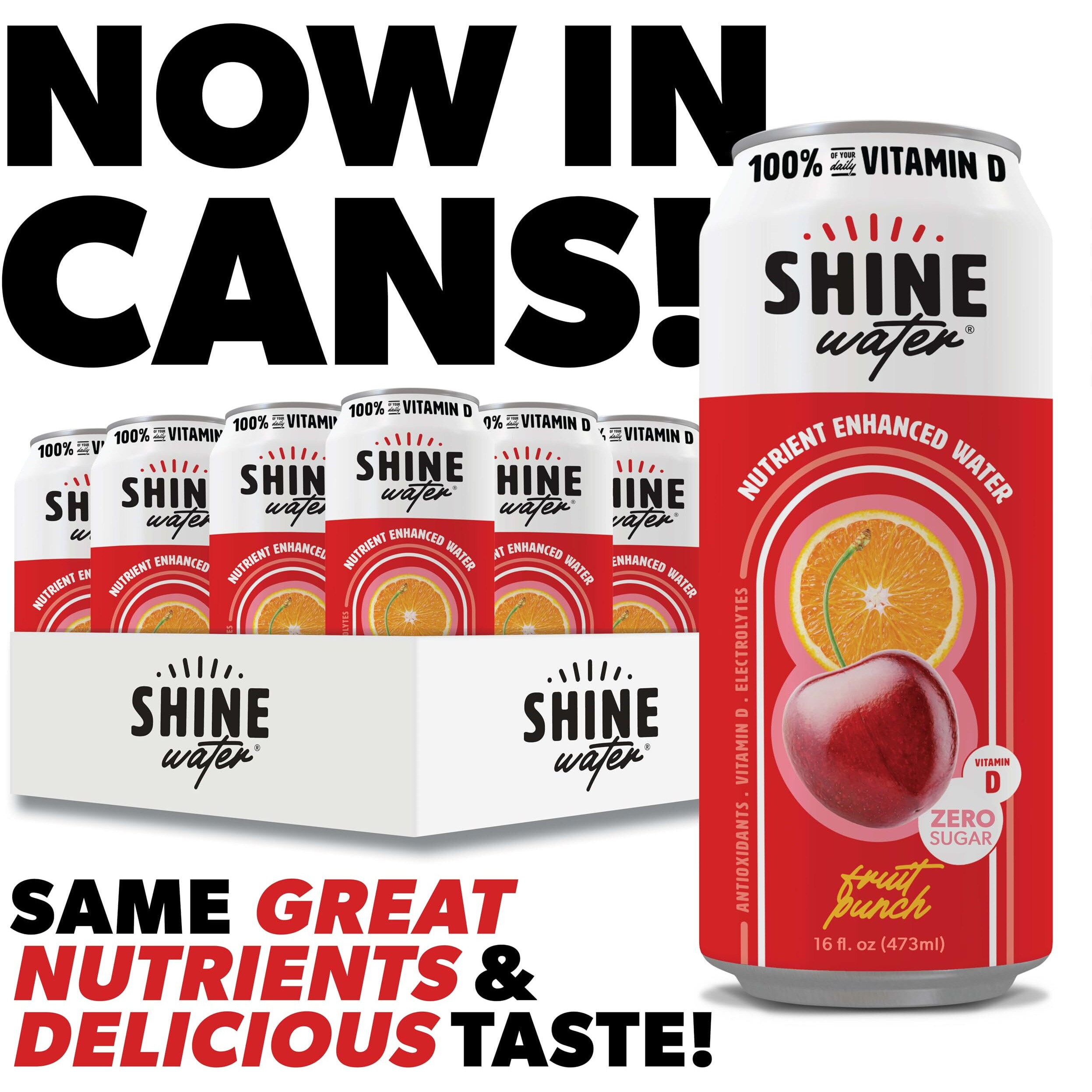 Shinewater Vitamin D Hydration Electrolyte Drink, Fruit Punch 12 Pack, Sugar Free Naturally Flavored Water, Magnesium, Zinc, Vitamin B12, Folic Acid, Plant Based Antioxidants, Low Calorie