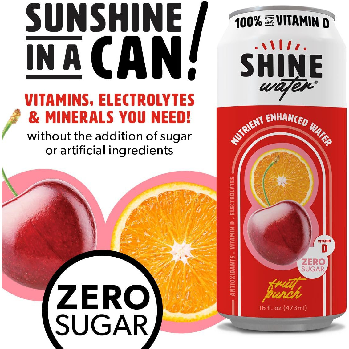 Shinewater Vitamin D Hydration Electrolyte Drink, Fruit Punch 12 Pack, Sugar Free Naturally Flavored Water, Magnesium, Zinc, Vitamin B12, Folic Acid, Plant Based Antioxidants, Low Calorie