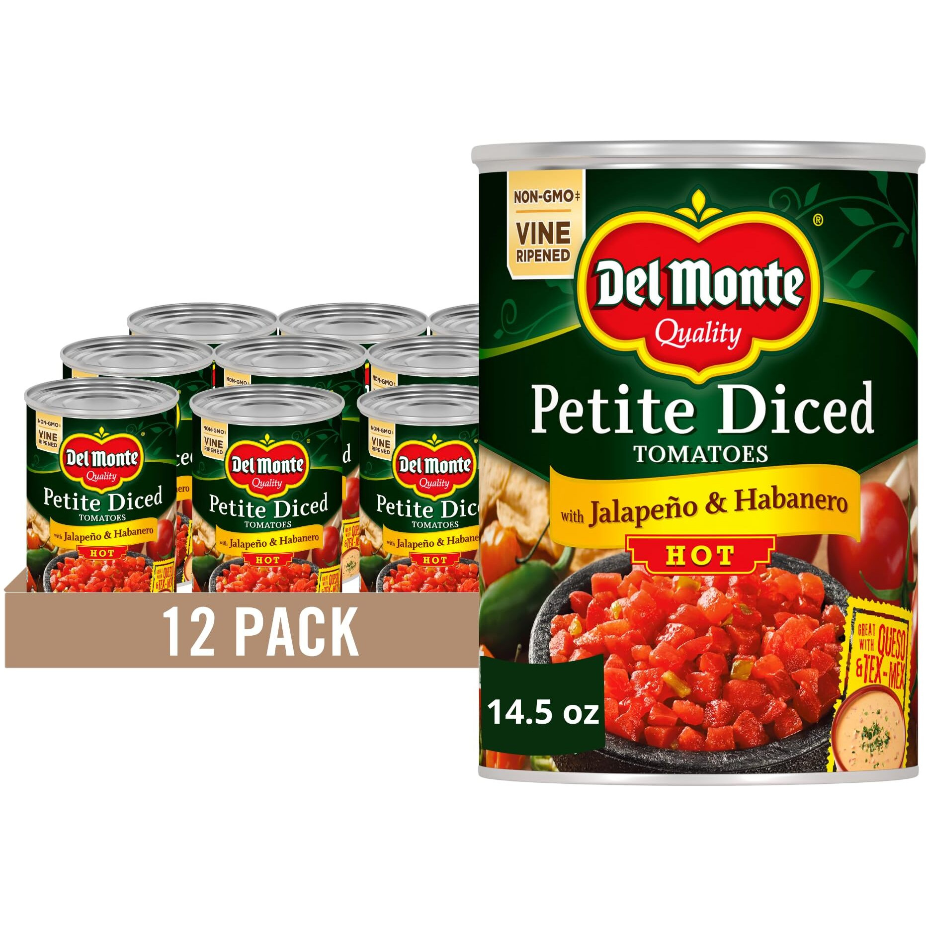 Del Monte Petite Canned Hot Diced Tomatoes With Jalapeno And Habanero, 14.5 Ounce (Pack Of 12)