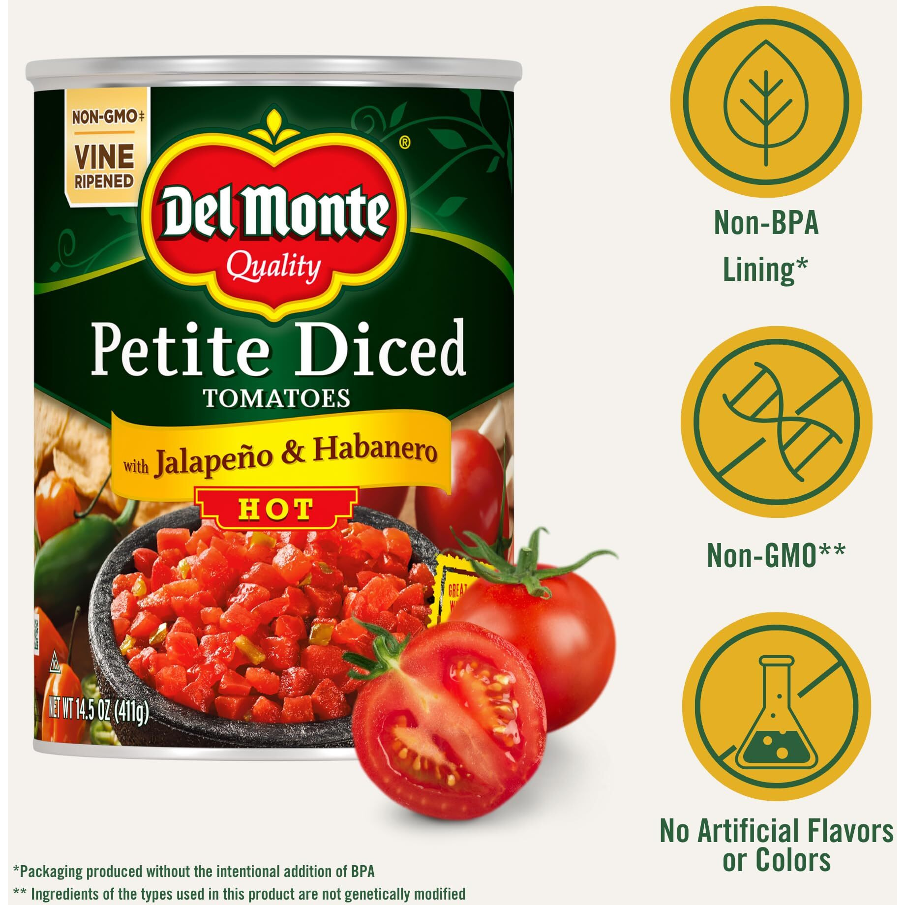 Del Monte Petite Canned Hot Diced Tomatoes With Jalapeno And Habanero, 14.5 Ounce (Pack Of 12)