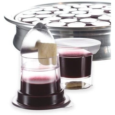 Simply Communion Pre-Filled Communion Cups - Tray & Seatback Pew Compatible Cups And Wafer - Concord Juice And Bread - Box Of 100 - Easy Open Made In The Usa