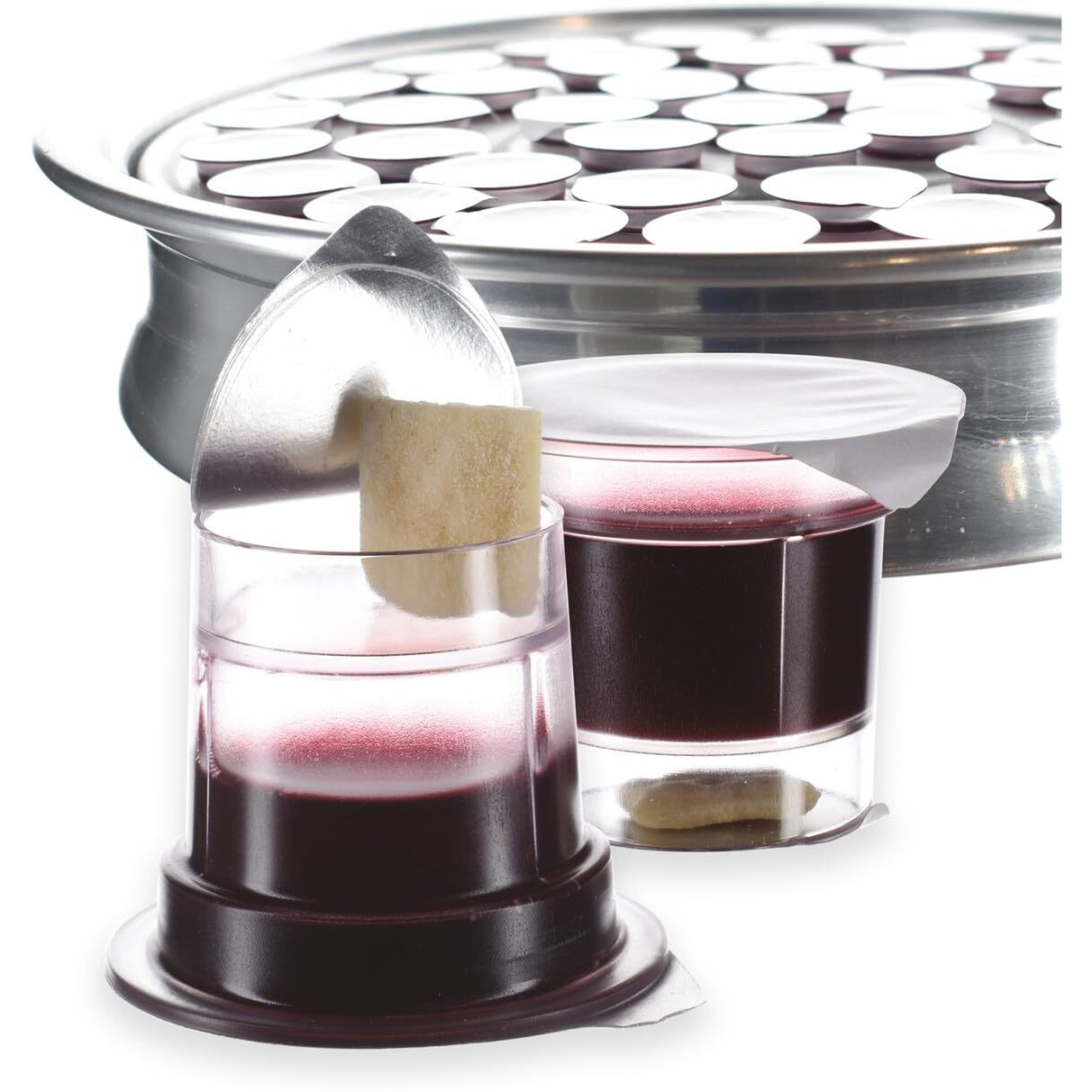 Simply Communion Pre-Filled Communion Cups - Tray & Seatback Pew Compatible Cups And Wafer - Concord Juice And Bread - Box Of 100 - Easy Open Made In The Usa