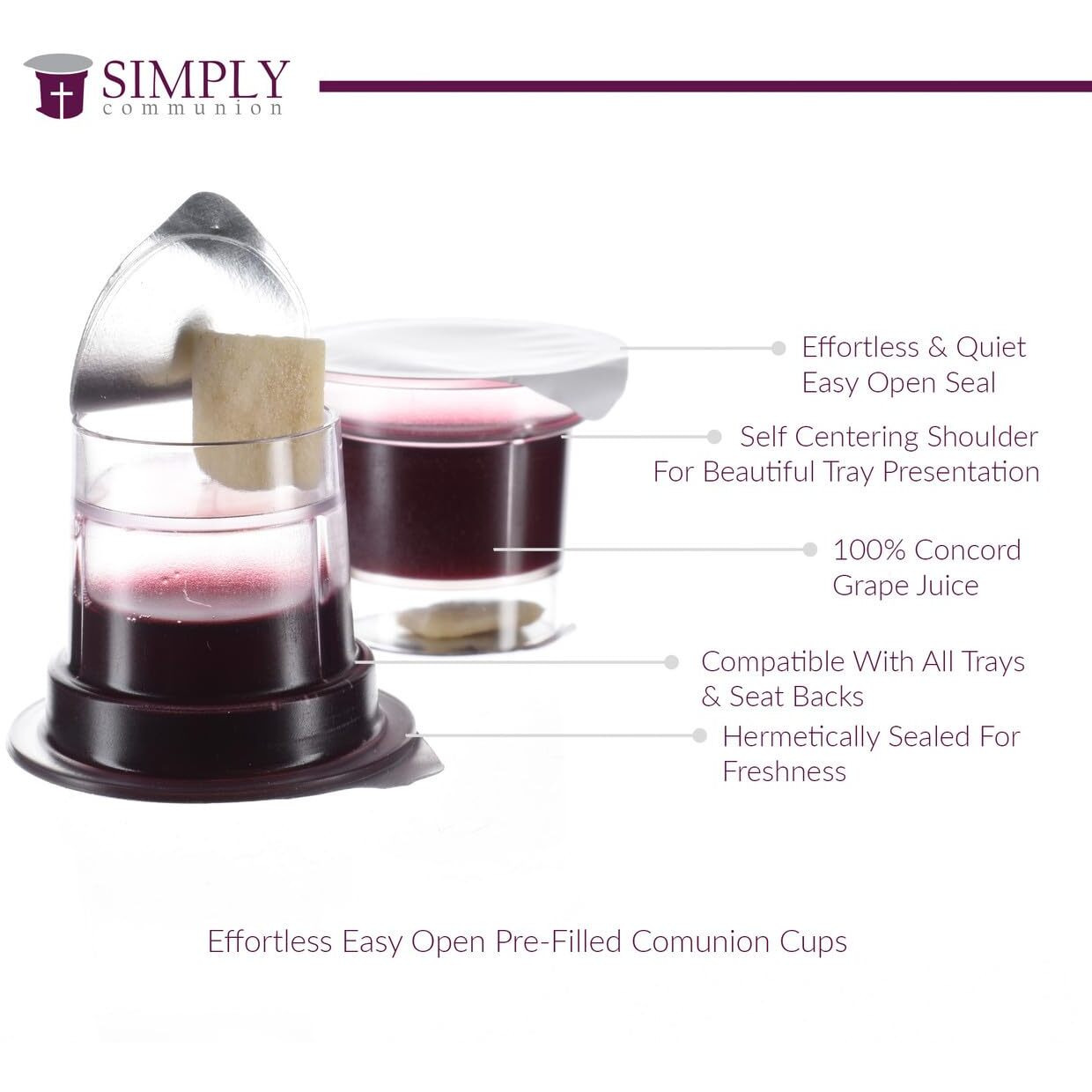 Simply Communion Pre-Filled Communion Cups - Tray & Seatback Pew Compatible Cups And Wafer - Concord Juice And Bread - Box Of 100 - Easy Open Made In The Usa