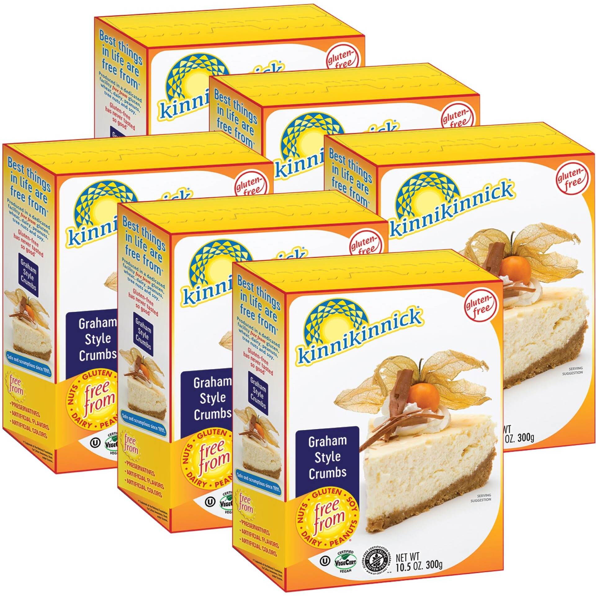 Kinnikinnick - Graham Style Crumbs - Gluten Free, Allergy Friendly Vegan Graham Cracker Crumbs - 10.5 Oz. Boxes - 6 Pack