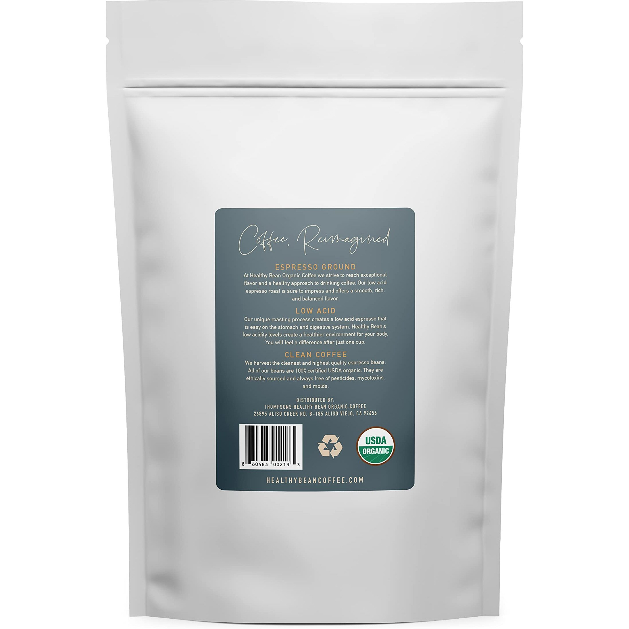 Healthy Bean Coffee - Organic Espresso Ground Coffee - Low Acid Coffee Grounds, Strong, Rich Flavor Clean Coffee, Healthy Coffee - Usda Ground Coffee Dark Roast, Mycotoxin Free Coffee, 11Oz