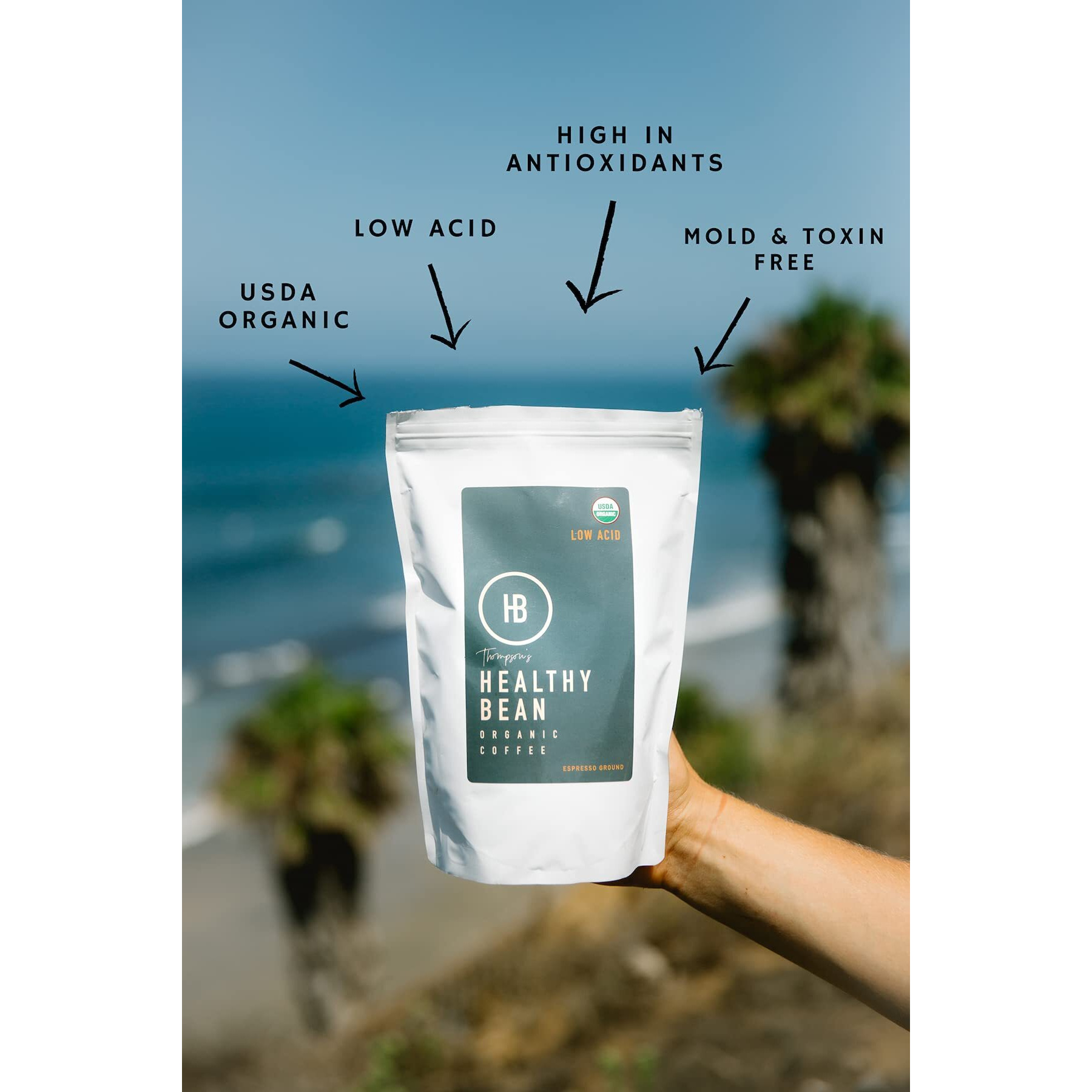 Healthy Bean Coffee - Organic Espresso Ground Coffee - Low Acid Coffee Grounds, Strong, Rich Flavor Clean Coffee, Healthy Coffee - Usda Ground Coffee Dark Roast, Mycotoxin Free Coffee, 11Oz