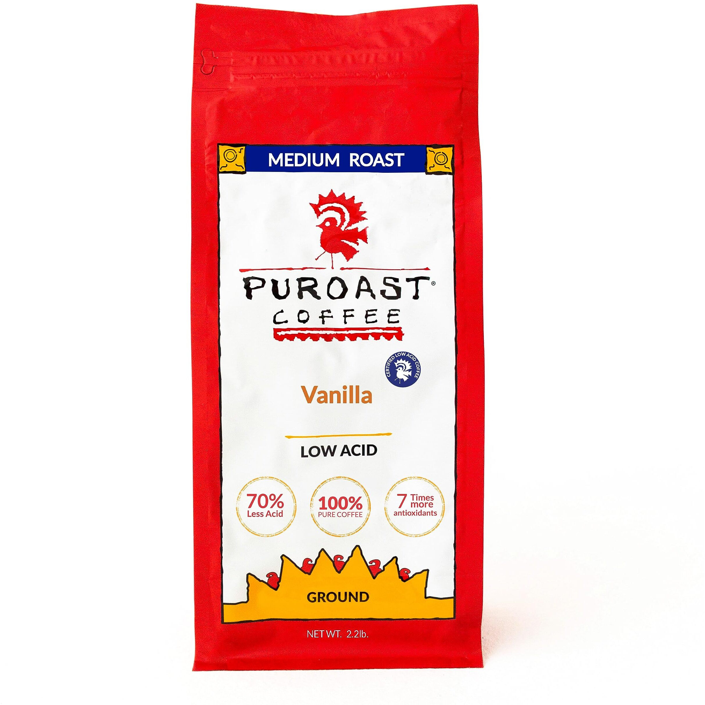 Puroast Low Acid Ground Coffee, Bold Vanilla Flavor, High Antioxidant, 2.5 Pound Bag