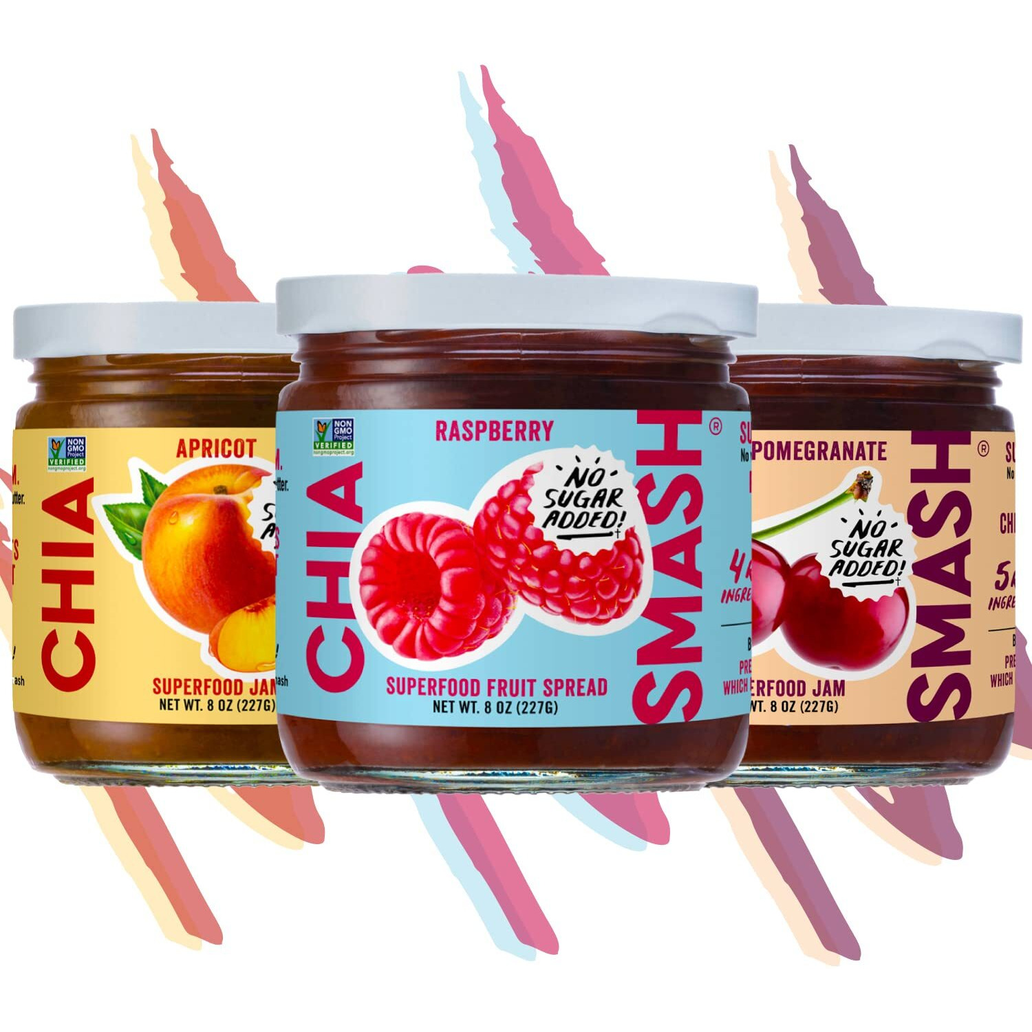 Chia Smash Jam, Variety Adventure 3-Pack | No Sugar Added, Naturally Sweet Jelly | Keto Friendly, Low Calorie, Low Carb | Non Gmo, Upcycled, Vegan, Plant Based, Paleo | Raspberry, Apricot, Cherry Pomegranate
