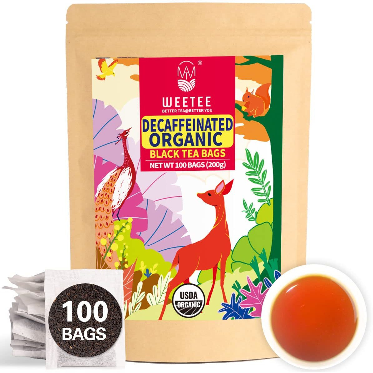 Wt Weetee Organic Decaf Black Tea Bags, Usda Organic Black Tea 100 Count | Smooth & Mild Taste | Co2-Decaffeinated | Resealable Kraft Bag