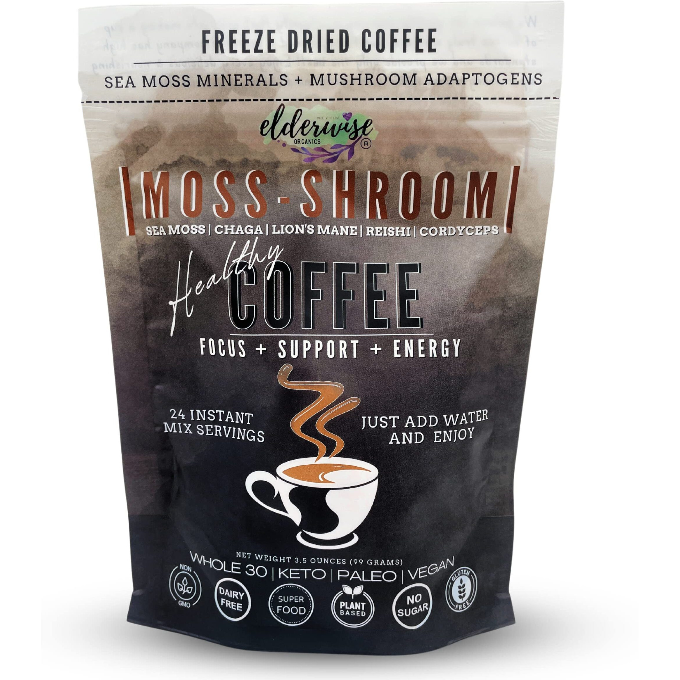 Elderwise Organics Coffee With Mushrooms & Sea Moss - Lion's Mane, Chaga, Reishi & Cordyceps - 24 Servings - Healthy Coffee - Freeze Dried Instant - Chemical Free - Fair Trade