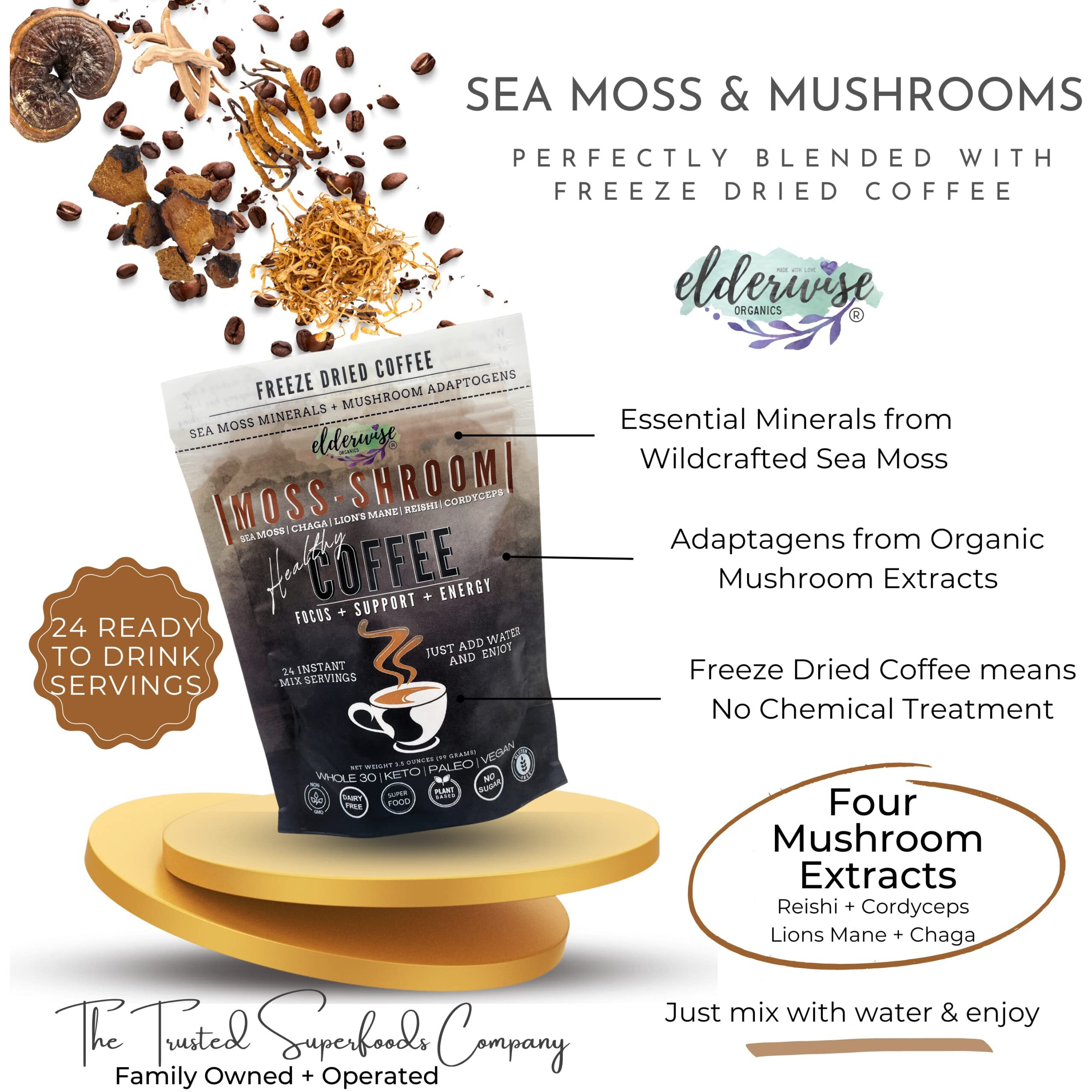 Elderwise Organics Coffee With Mushrooms & Sea Moss - Lion's Mane, Chaga, Reishi & Cordyceps - 24 Servings - Healthy Coffee - Freeze Dried Instant - Chemical Free - Fair Trade