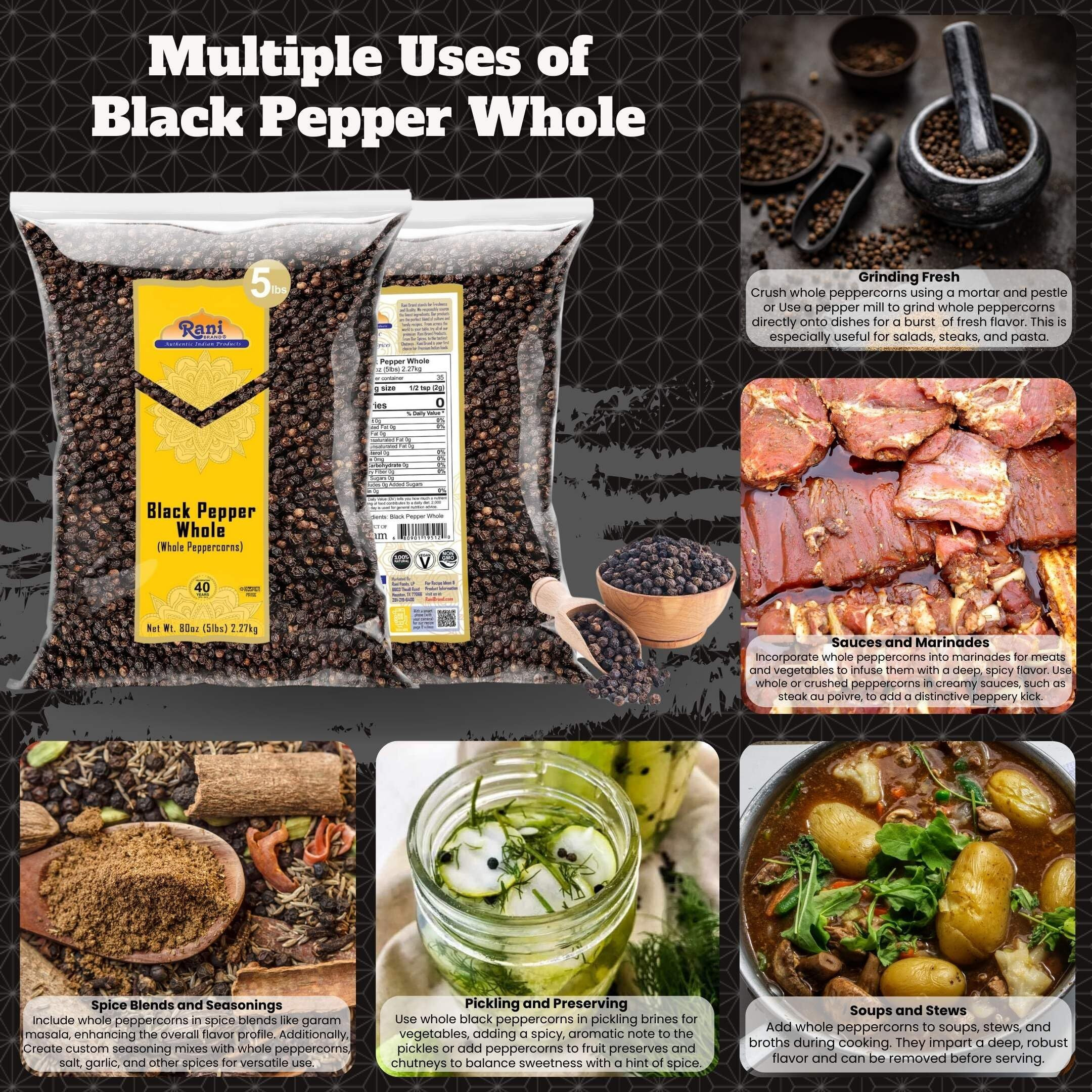 Rani Black Pepper Whole (Peppercorns), Premium Mg-1 Grade 80Oz (5Lbs) 2.27Kg Bulk ~ All Natural | Gluten Friendly | Non-Gmo | Kosher | Product Of Vietnam | Perfect Size For Grinders