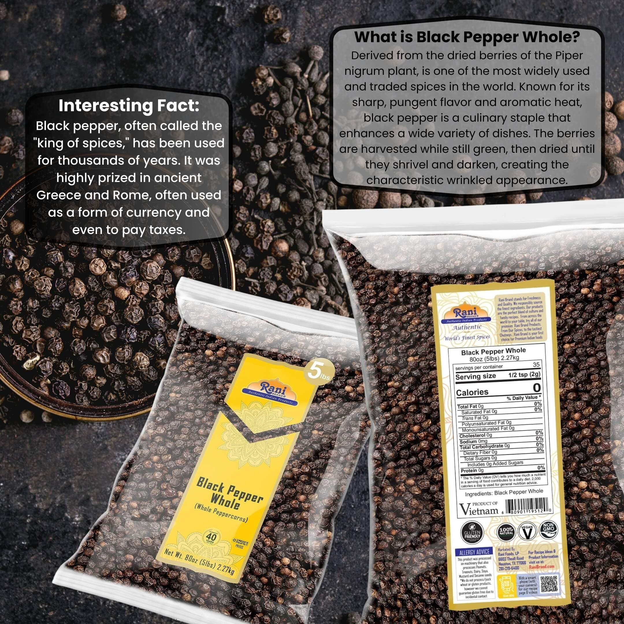 Rani Black Pepper Whole (Peppercorns), Premium Mg-1 Grade 80Oz (5Lbs) 2.27Kg Bulk ~ All Natural | Gluten Friendly | Non-Gmo | Kosher | Product Of Vietnam | Perfect Size For Grinders