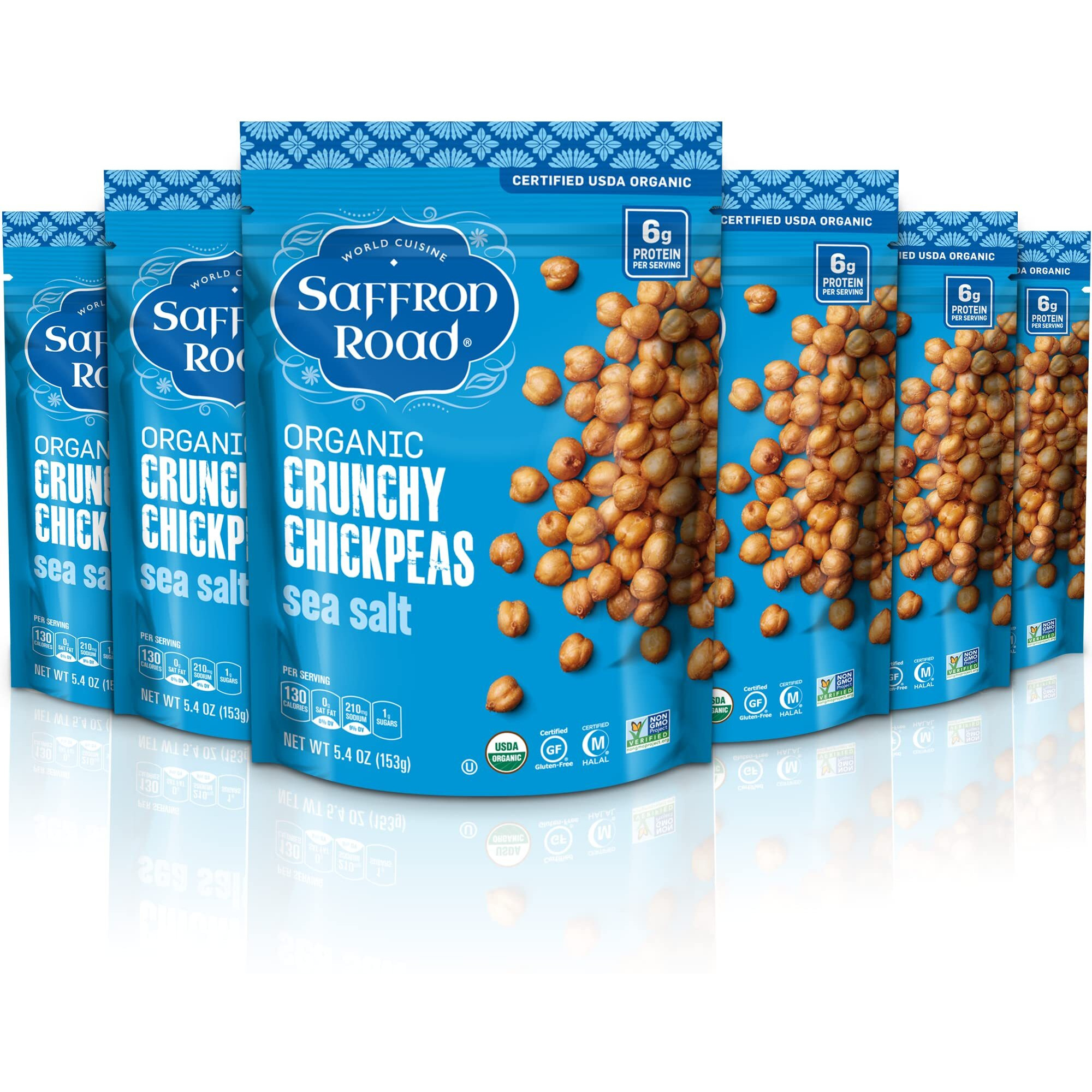 Saffron Road Organic Sea Salt Crunchy Roasted Chickpea Snacks- 5.4Oz 6-Pack, Gluten Free, Non-Gmo, Vegan Dried Crispy Chickpeas With Protein, Fiber