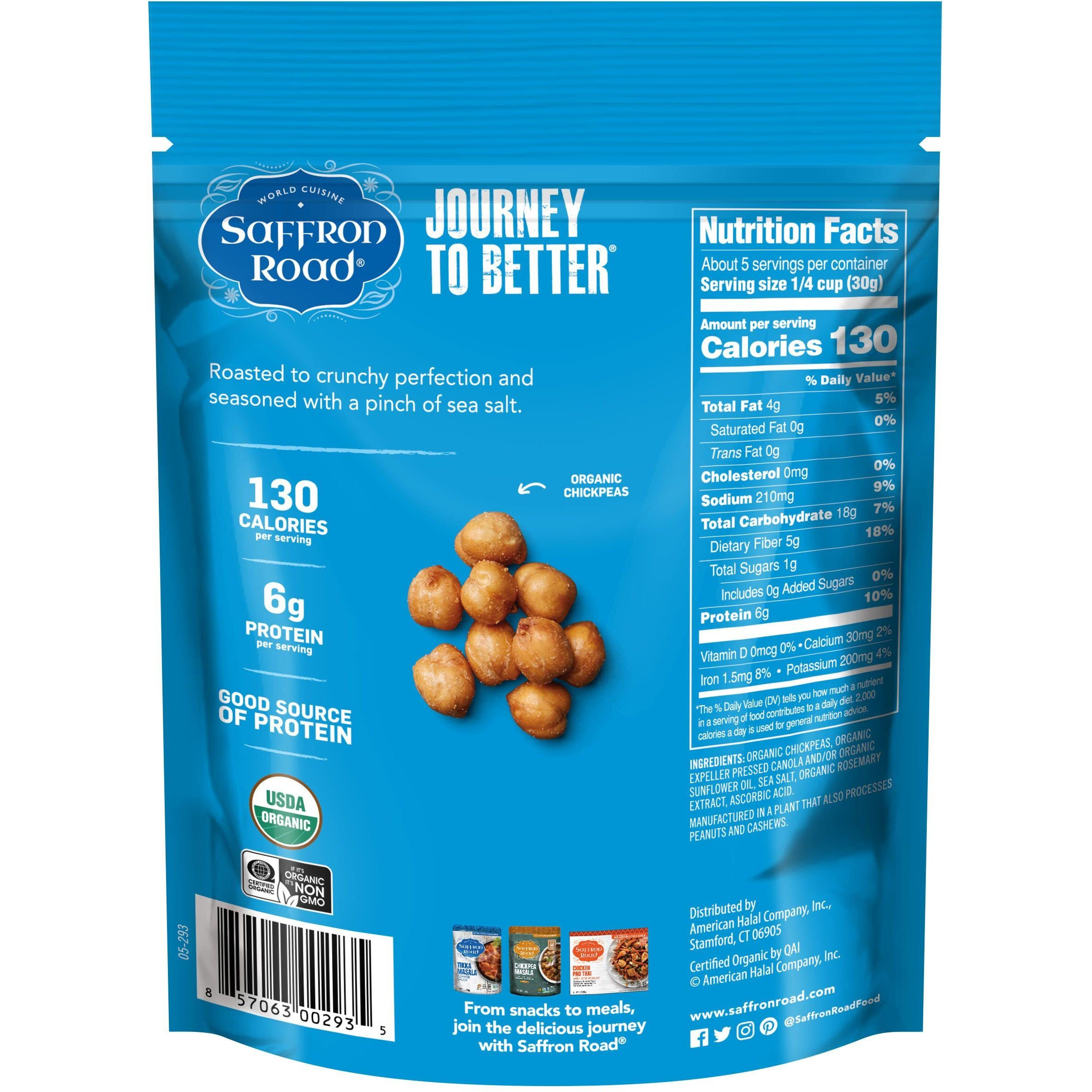 Saffron Road Organic Sea Salt Crunchy Roasted Chickpea Snacks- 5.4Oz 6-Pack, Gluten Free, Non-Gmo, Vegan Dried Crispy Chickpeas With Protein, Fiber