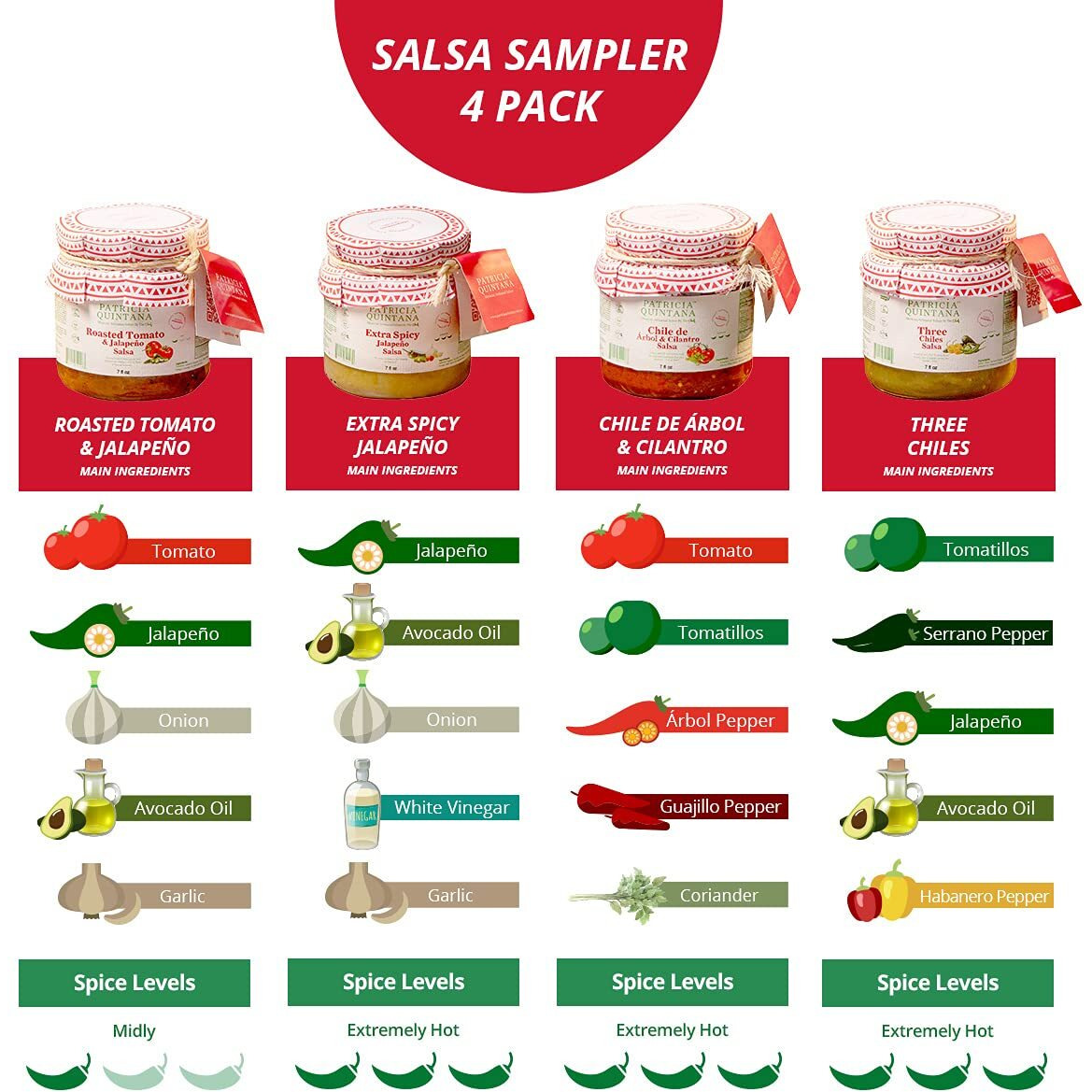 Patricia Quintana Authentic Mexican Salsa Sampler Pack - Enjoy Roasted Tomato & Jalapeo Salsa, Extra Spicy Jalapeo Salsa, Chile De   Rbol & Cilantro Salsa, And Three Chiles Salsa (4 Bottles)