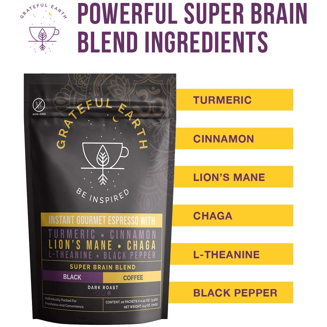 Grateful Earth Mushroom Coffee, Espresso Instant Coffee With Cinnamon, Turmeric, Lions Mane Mushrooms, L-Theanine, Chaga Super Brain Blend For Energy & Immune Support, Dairy & Gluten Free, 20 Packets