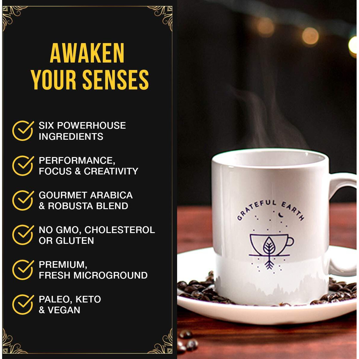 Grateful Earth Mushroom Coffee, Espresso Instant Coffee With Cinnamon, Turmeric, Lions Mane Mushrooms, L-Theanine, Chaga Super Brain Blend For Energy & Immune Support, Dairy & Gluten Free, 20 Packets