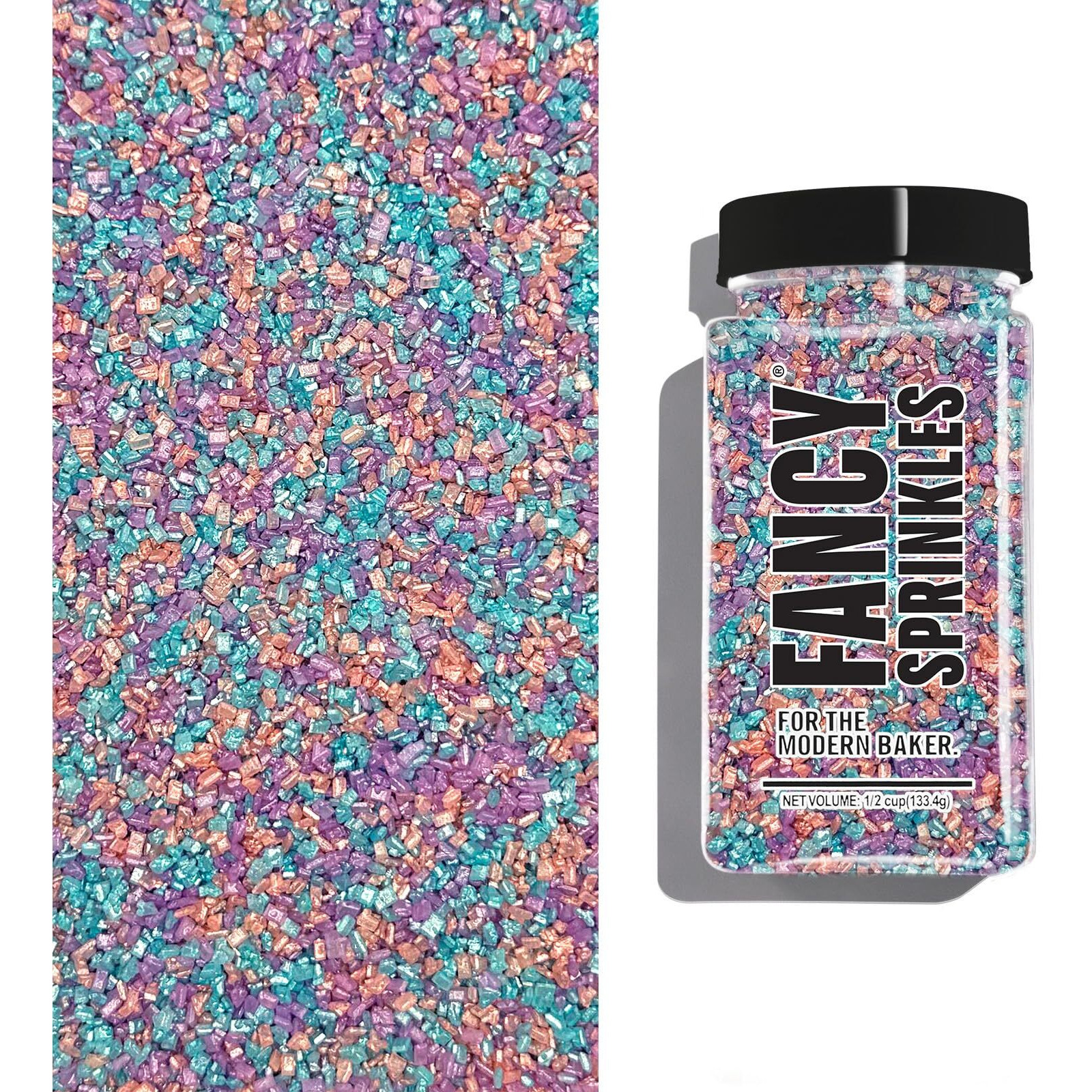 Fancy Sprinkles Opal Rain Fancy Sugar Pearlescent Peach, Lavender, And Pale Blue Sugar Crystals Flecked Silver Mini Edible Glitter Hexagons (0.5C)