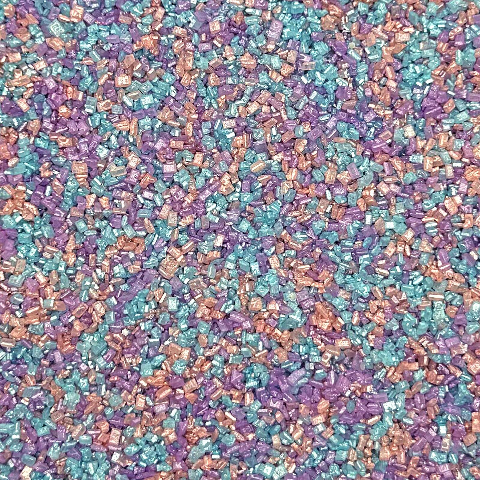 Fancy Sprinkles Opal Rain Fancy Sugar Pearlescent Peach, Lavender, And Pale Blue Sugar Crystals Flecked Silver Mini Edible Glitter Hexagons (0.5C)
