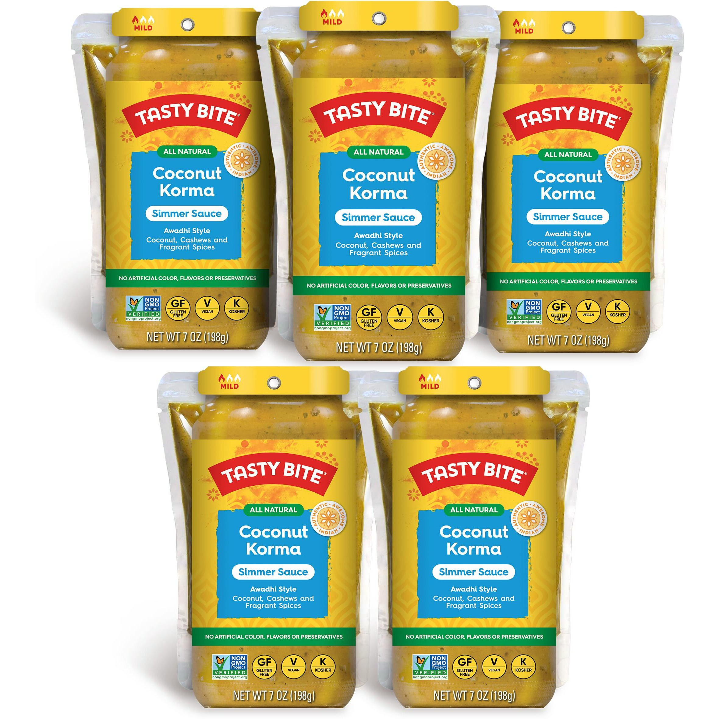 Tasty Bite Awadhi Style Coconut Korma Simmer Sauce, 7-Ounce 5-Pack, 3-4 Servings Per Pouch, Coconut, Cashews, Vegan