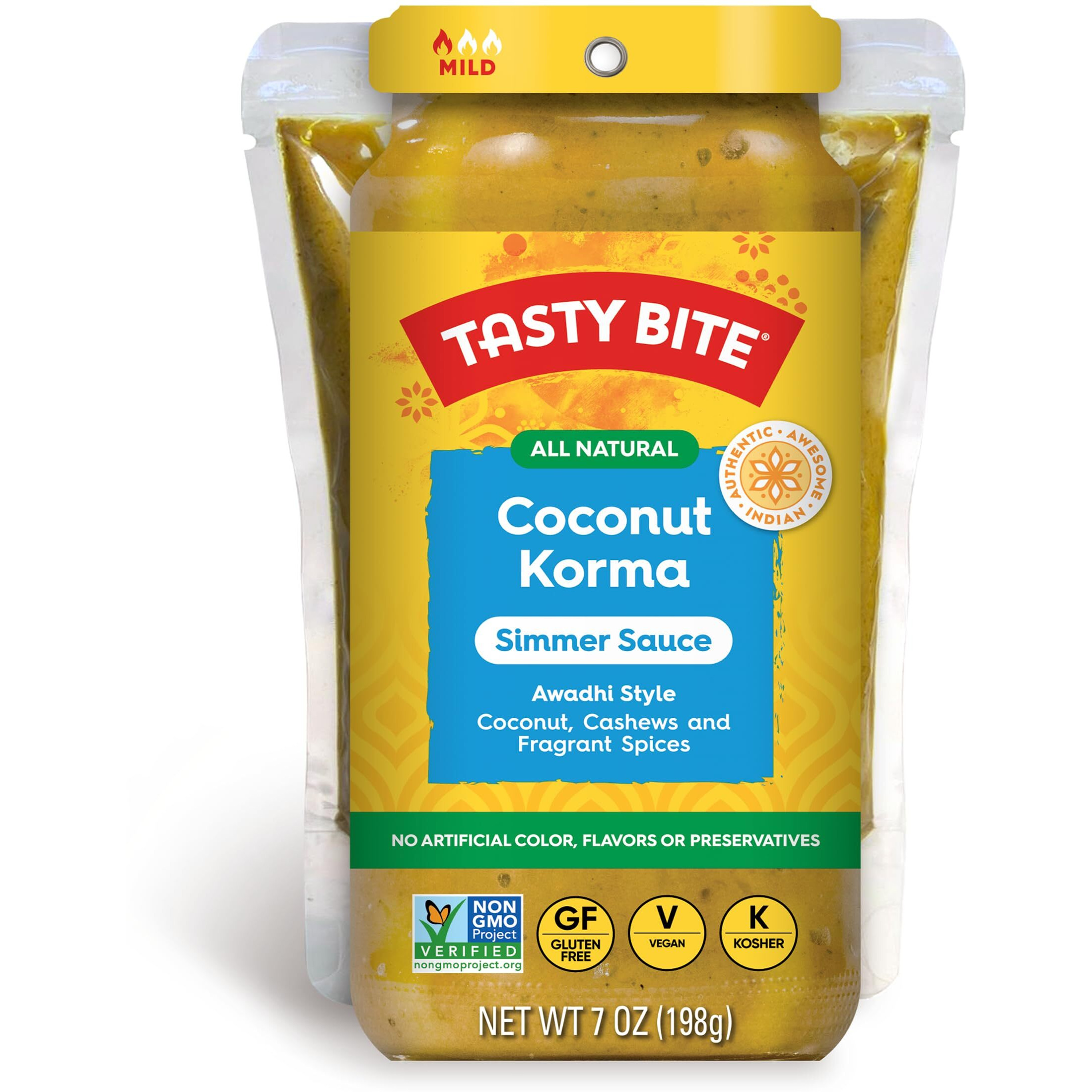 Tasty Bite Awadhi Style Coconut Korma Simmer Sauce, 7-Ounce 5-Pack, 3-4 Servings Per Pouch, Coconut, Cashews, Vegan
