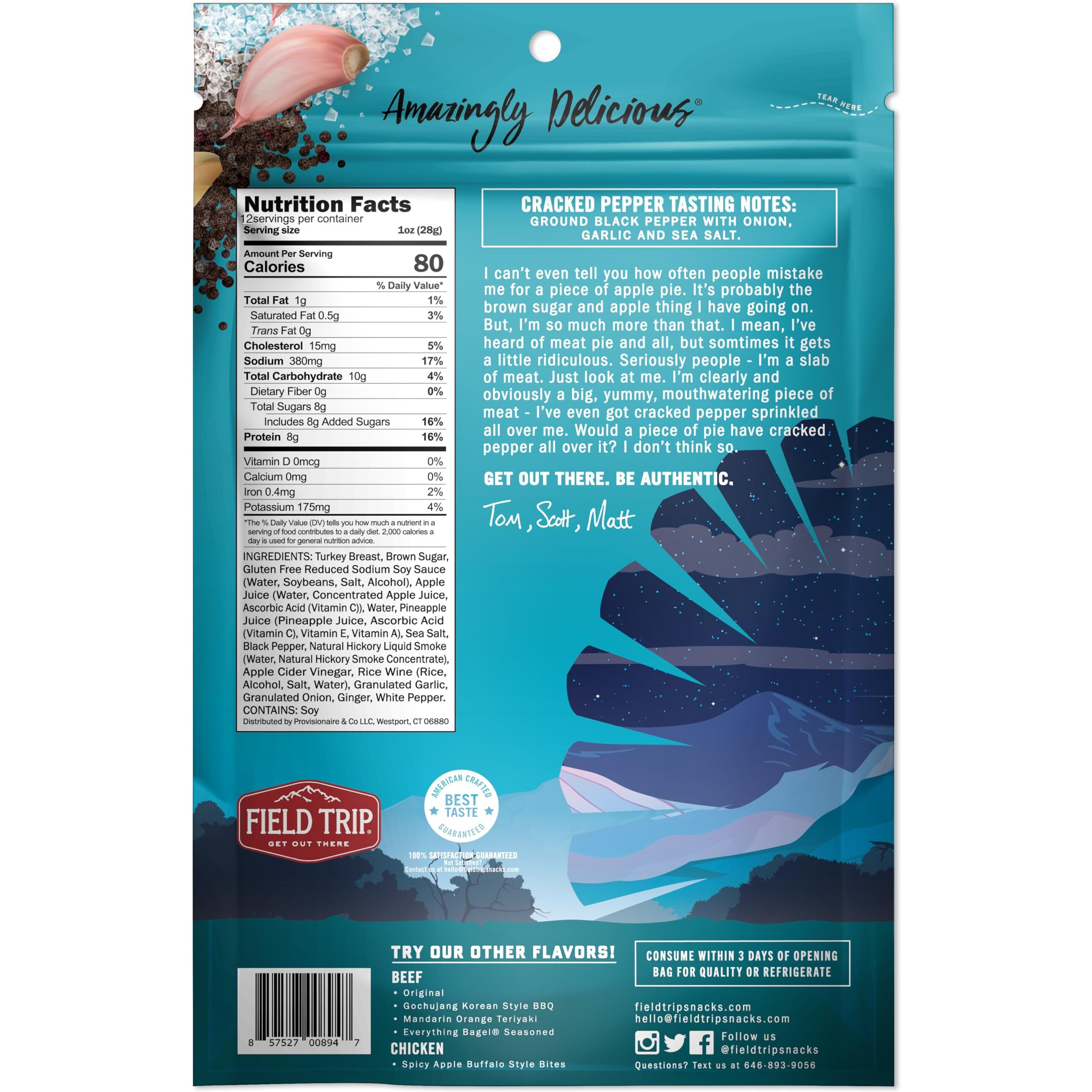 Field Trip Turkey Jerky, All Natural, Gluten Free Dried Turkey Meat, Healthy, Paleo-Friendly Low Carb Snack, High Protein Snacks With No Nitrates, 12Oz Bag, Cracked Pepper