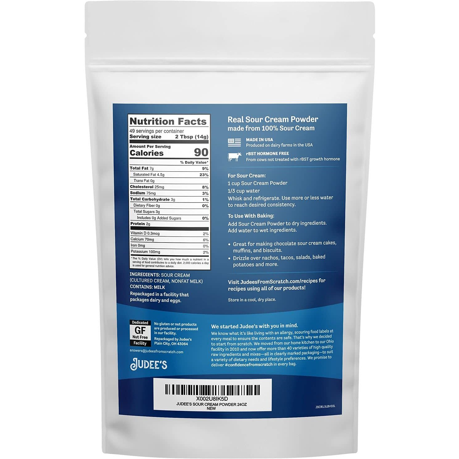 Judee's Sour Cream Powder 0.68Kg (1.5 Lb) - Made From Real Sour Cream, Non Gmo, Rbst Hormone Free, Made In Usa, Keto Friendly,- Dedicated Gluten & Nut Free Facility