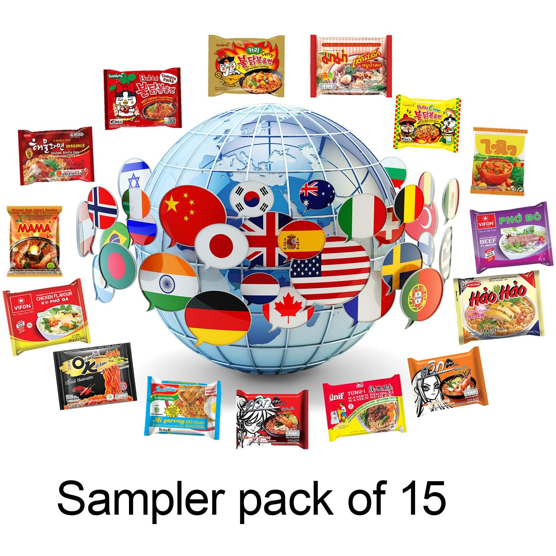 Ramen Noodles From Around The World International Snack Box Variety Snack Pack Of 15 Instant Noodles - Japanese, Filipino, Thai, Vietnamese With Free Chopsticks And Sticker.