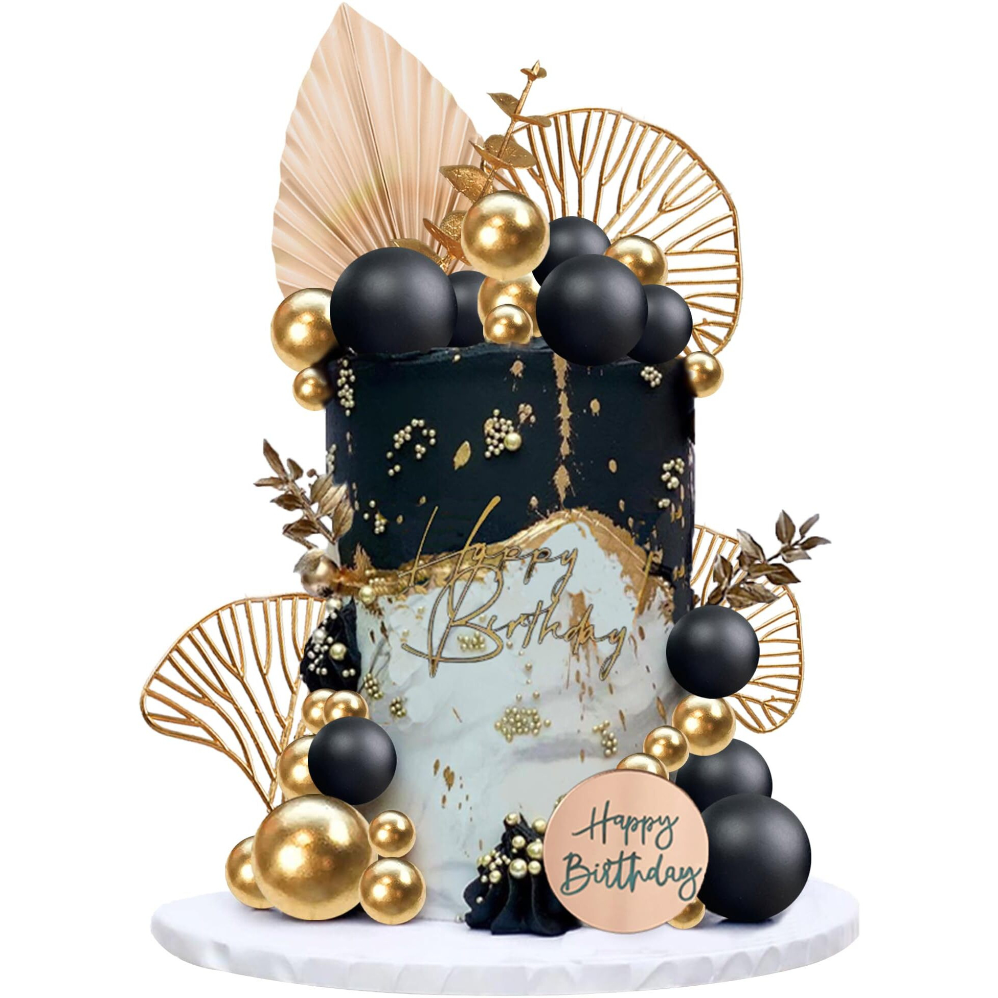 Boho Cake Topper Happy Birthday Cake Decorations With Balls Eucalyptus For Wedding Baby Shower Boys Girls Birthday Themed Party Supplies (Black)