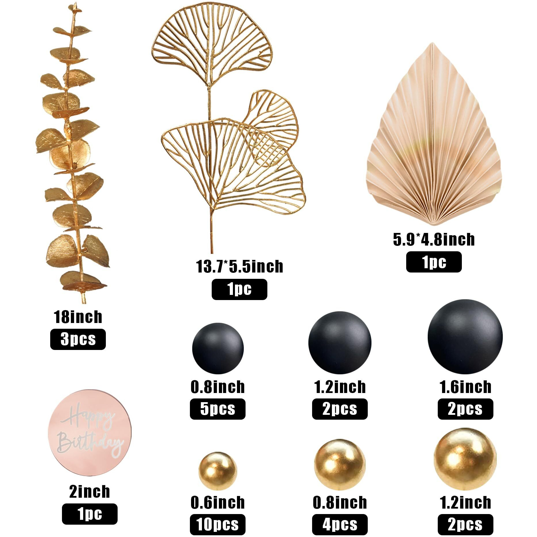 Boho Cake Topper Happy Birthday Cake Decorations With Balls Eucalyptus For Wedding Baby Shower Boys Girls Birthday Themed Party Supplies (Black)