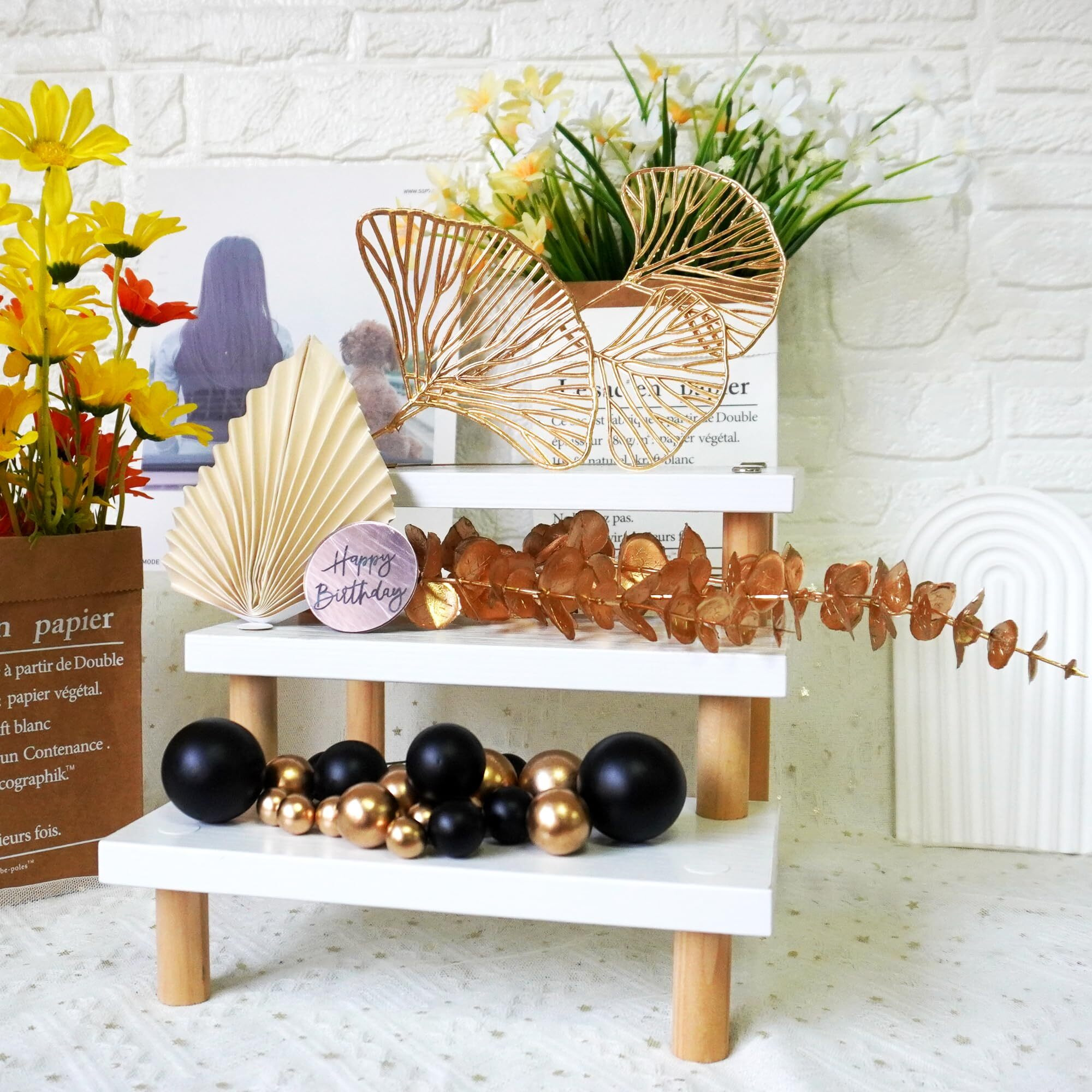 Boho Cake Topper Happy Birthday Cake Decorations With Balls Eucalyptus For Wedding Baby Shower Boys Girls Birthday Themed Party Supplies (Black)