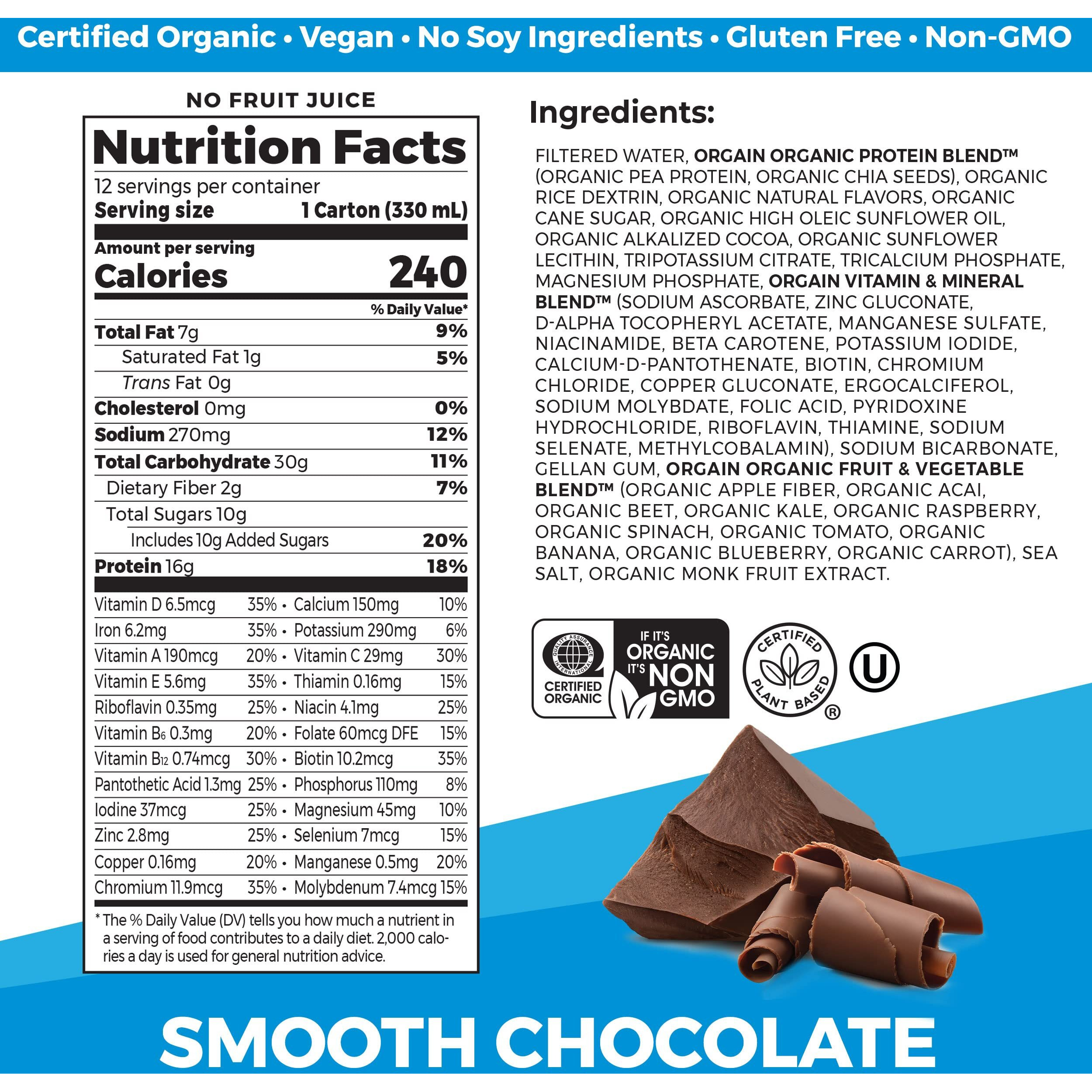 Orgain Organic Nutritional Vegan Protein Shake, Smooth Chocolate - 16G Plant Based Protein, Meal Replacement, 22 Vitamins & Minerals, Fruits & Vegetables, Gluten Free, Non-Gmo, 11 Fl Oz (Pack Of 12)