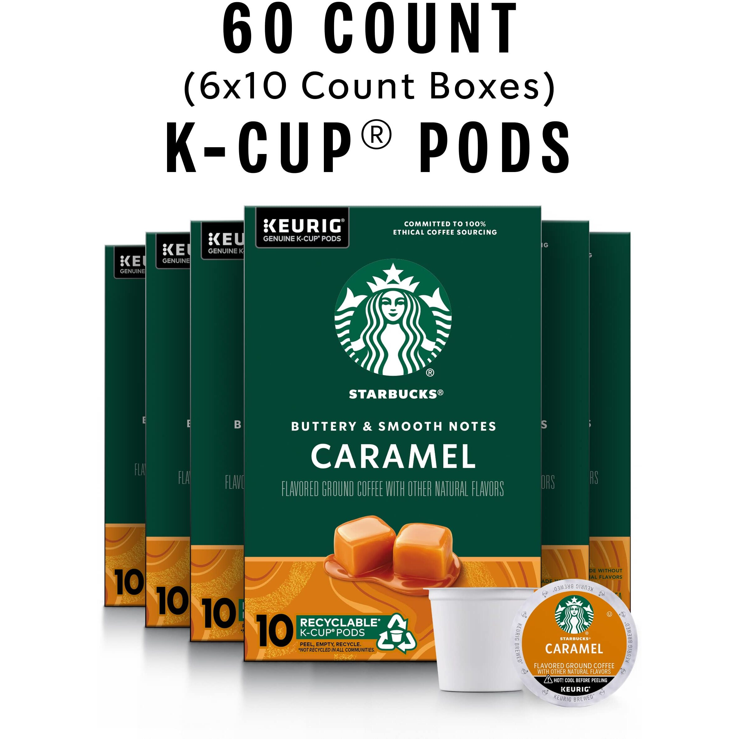 Starbucks K-Cup Coffee Pods, Caramel Flavored Coffee, Naturally Flavored, 100% Arabica, 6 Boxes (60 Pods Total)