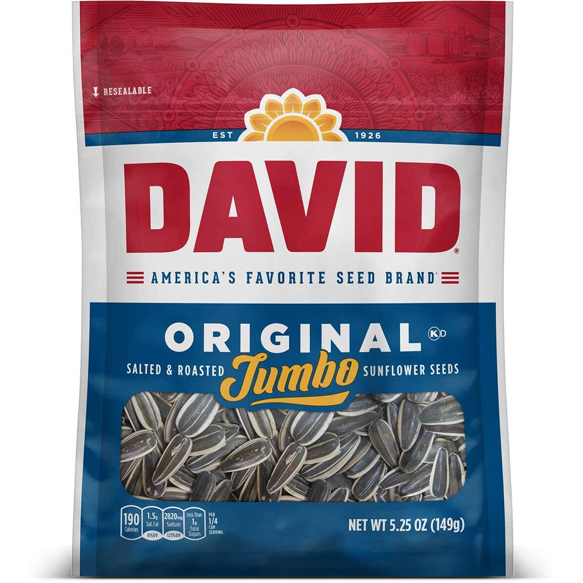 David Seeds Original Salted And Roasted Jumbo Sunflower Seeds, Keto Friendly Snack, 5.25 Oz Bags, 12 Pack